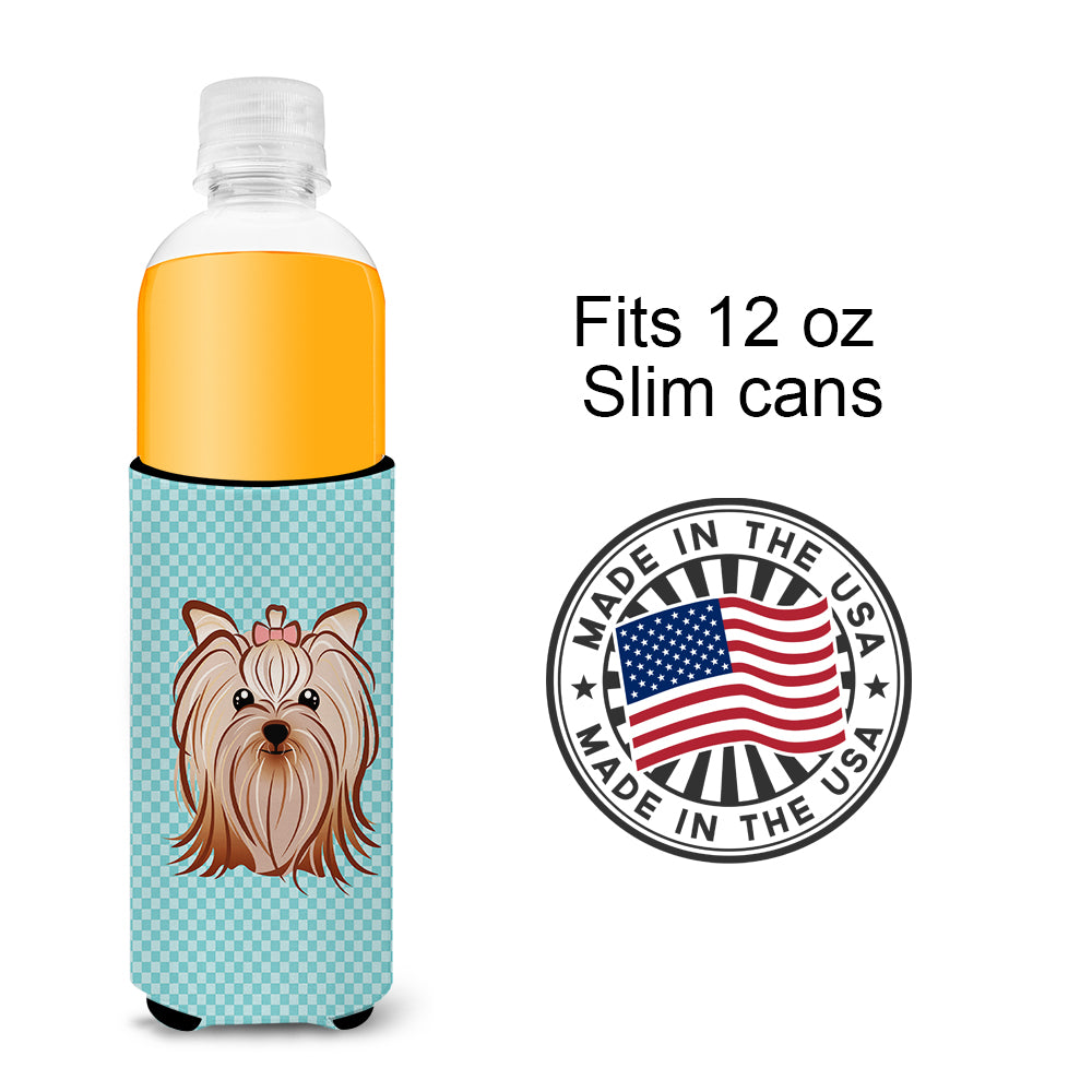 Checkerboard Blue Yorkie Yorkshire Terrier Ultra Beverage Insulators for slim cans.