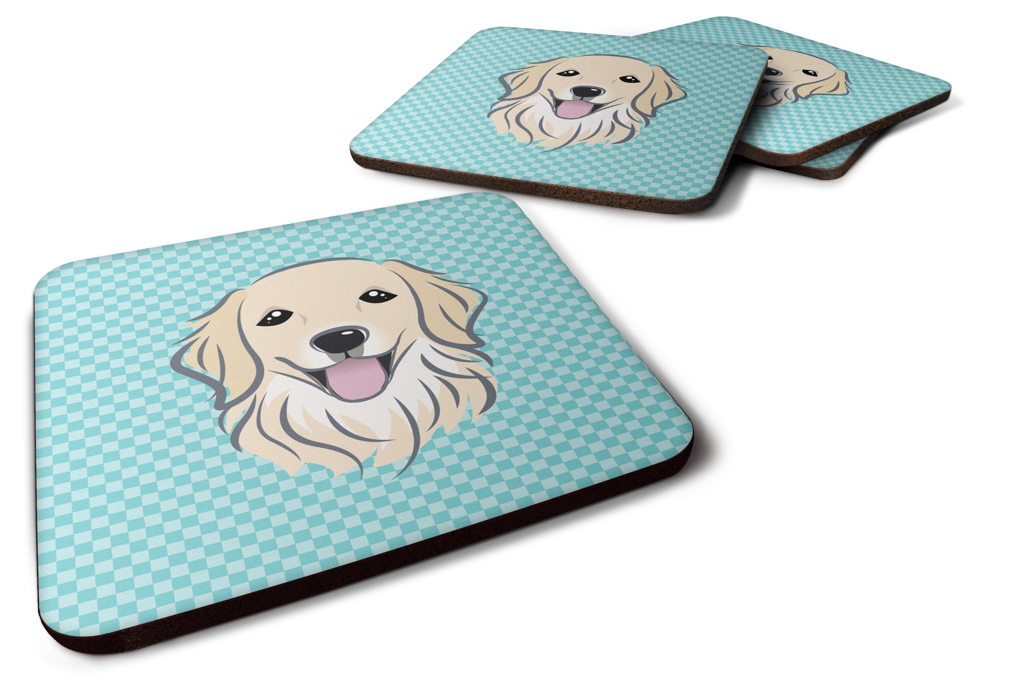 Set of 4 Checkerboard Blue Golden Retriever Foam Coasters BB1143FC - the-store.com