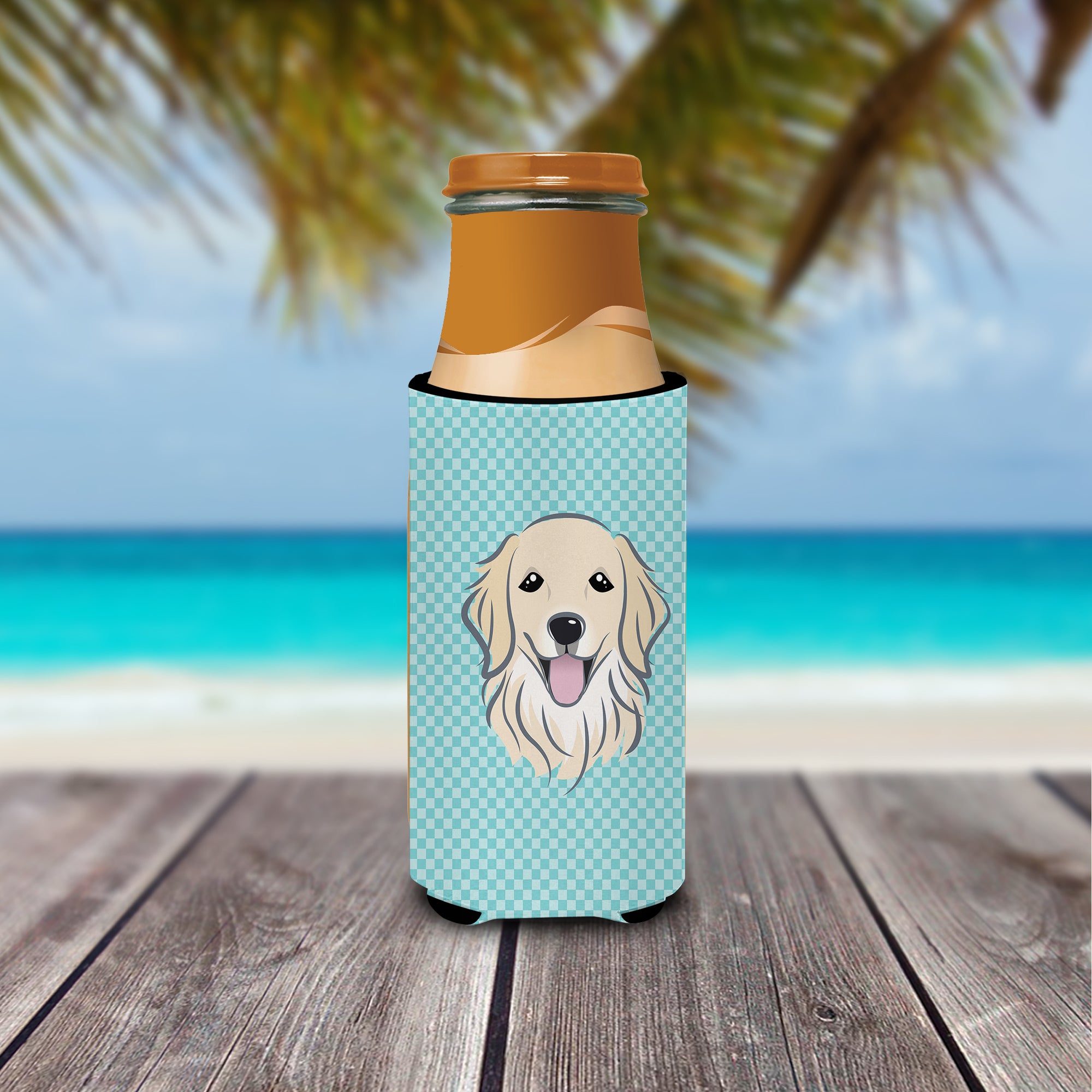 Checkerboard Blue Golden Retriever Ultra Beverage Insulators for slim cans.