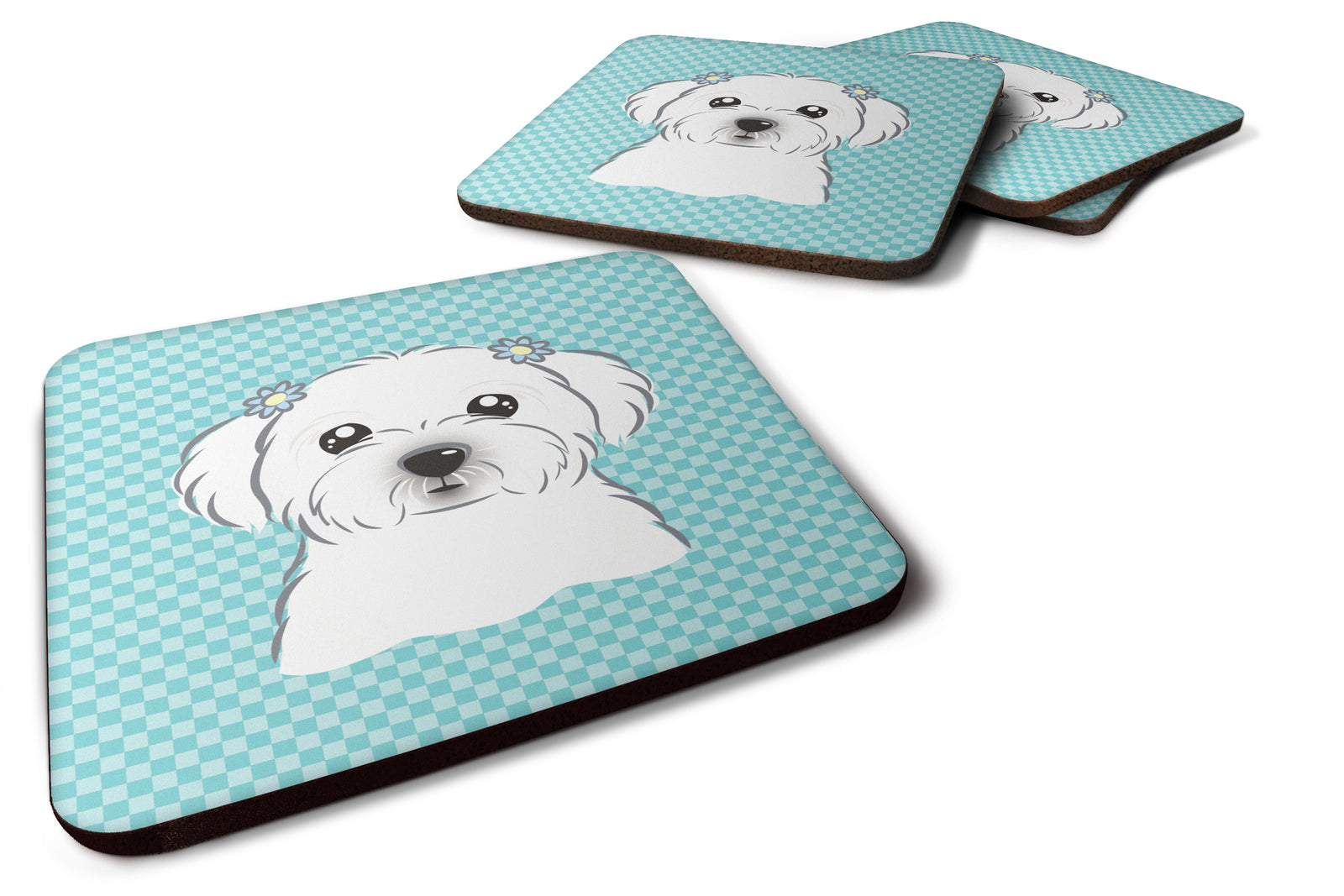 Set of 4 Checkerboard Blue Maltese Foam Coasters BB1146FC - the-store.com