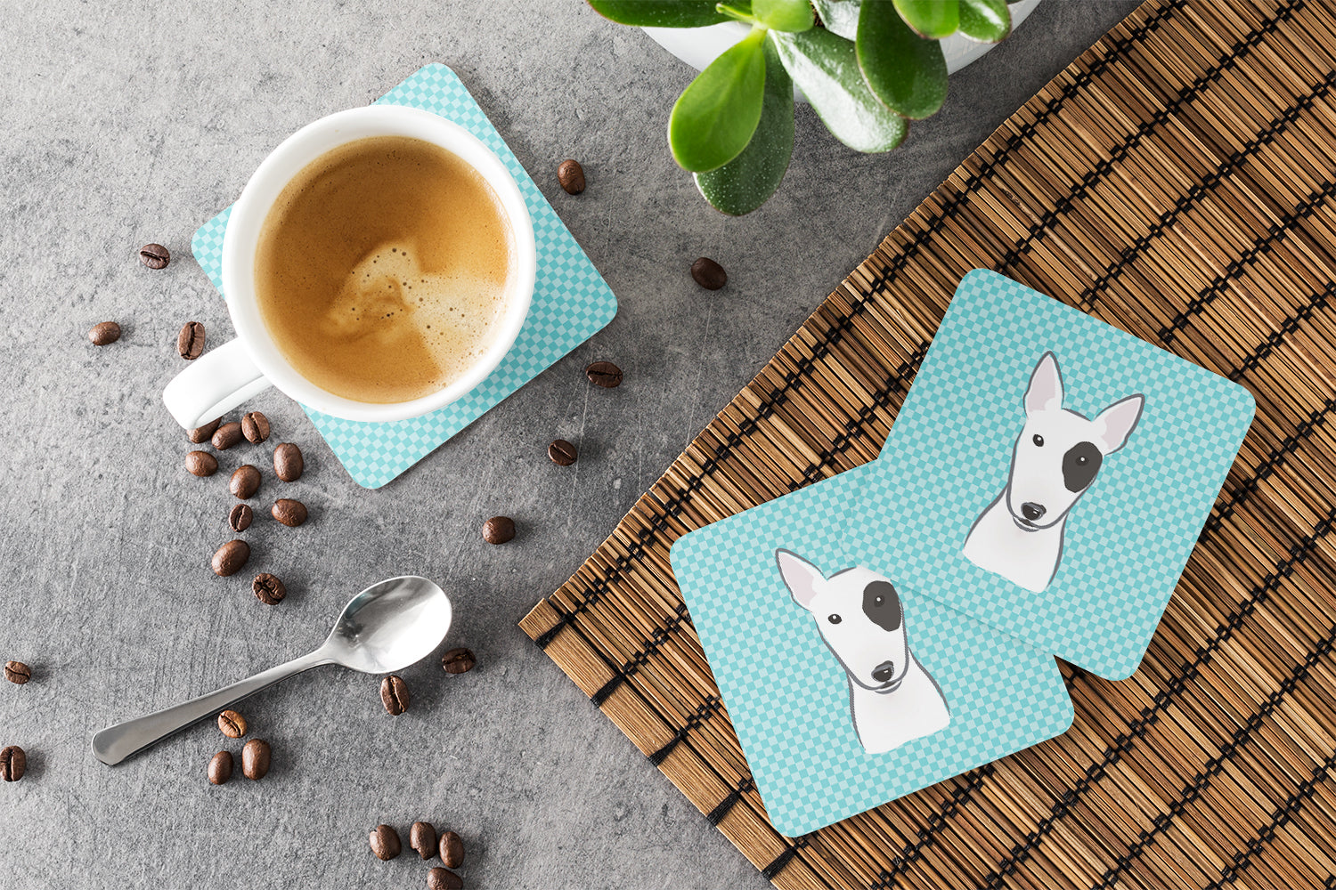 Set of 4 Checkerboard Blue Bull Terrier Foam Coasters BB1147FC - the-store.com