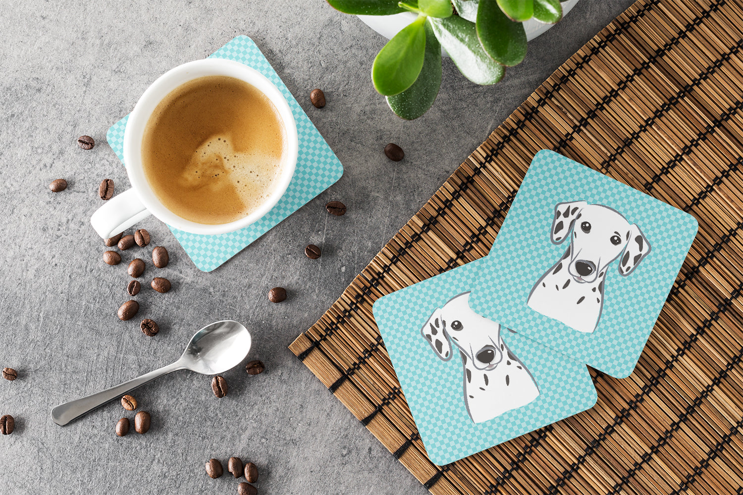 Set of 4 Checkerboard Blue Dalmatian Foam Coasters BB1148FC - the-store.com