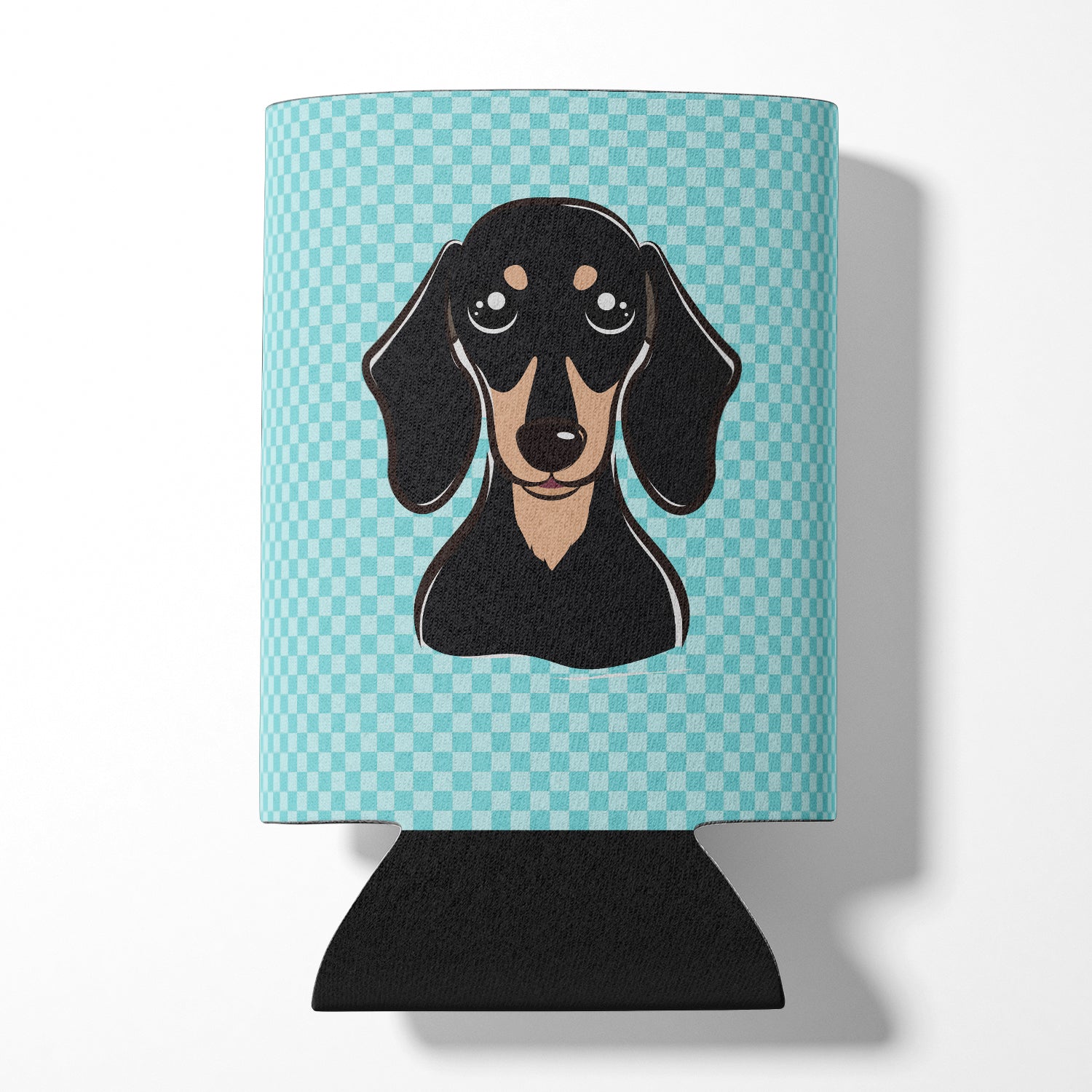 Checkerboard Blue Smooth Black and Tan Dachshund Can or Bottle Hugger BB1153CC.