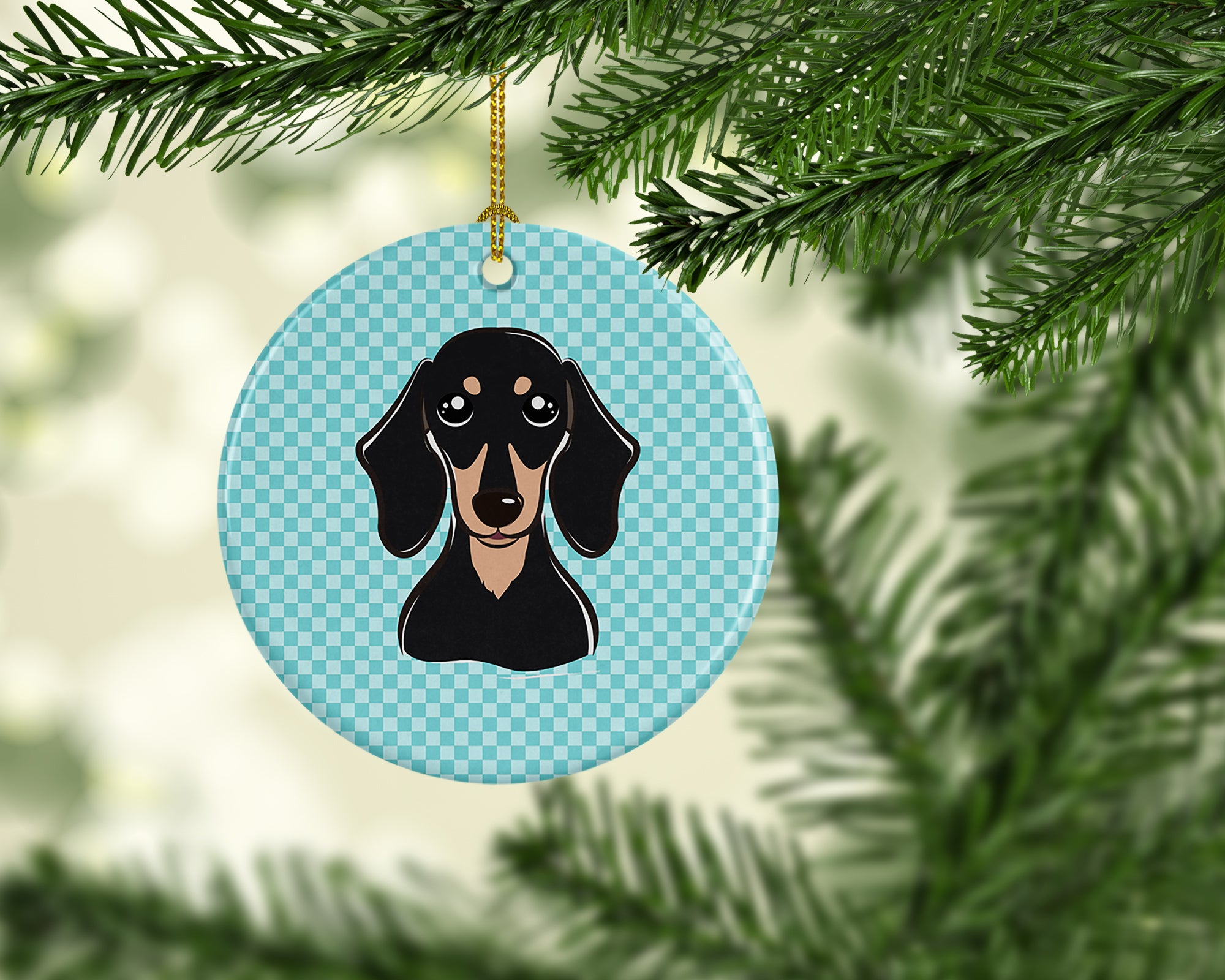 Checkerboard Blue Smooth Black and Tan Dachshund Ceramic Ornament BB1153CO1 - the-store.com