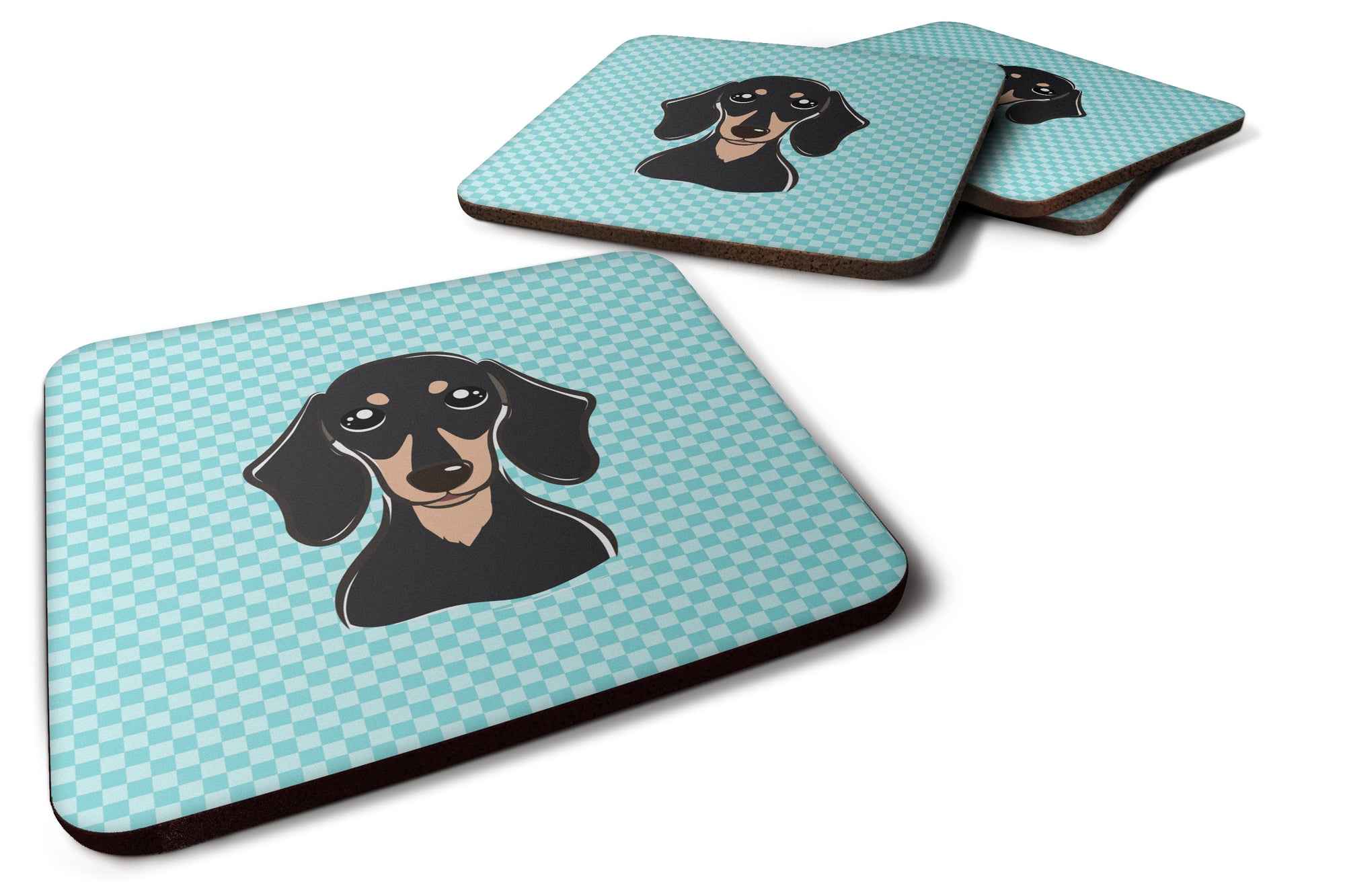 Set of 4 Checkerboard Blue Smooth Black and Tan Dachshund Foam Coasters BB1153FC - the-store.com