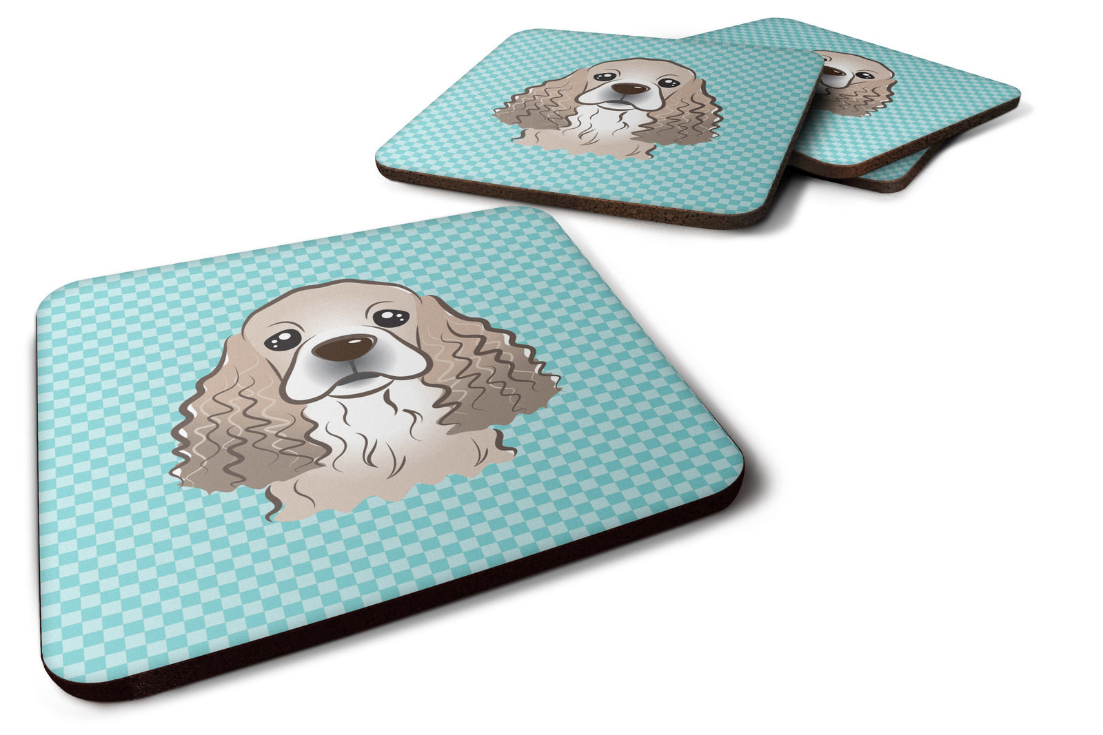 Set of 4 Checkerboard Blue Cocker Spaniel Foam Coasters BB1154FC - the-store.com