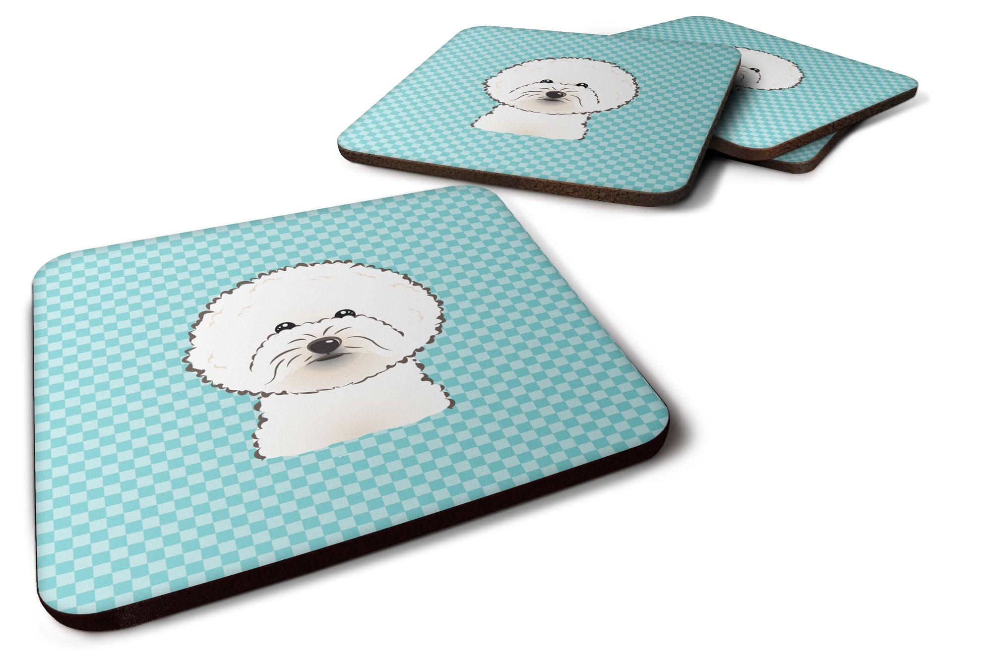 Set of 4 Checkerboard Blue Bichon Frise Foam Coasters BB1155FC - the-store.com