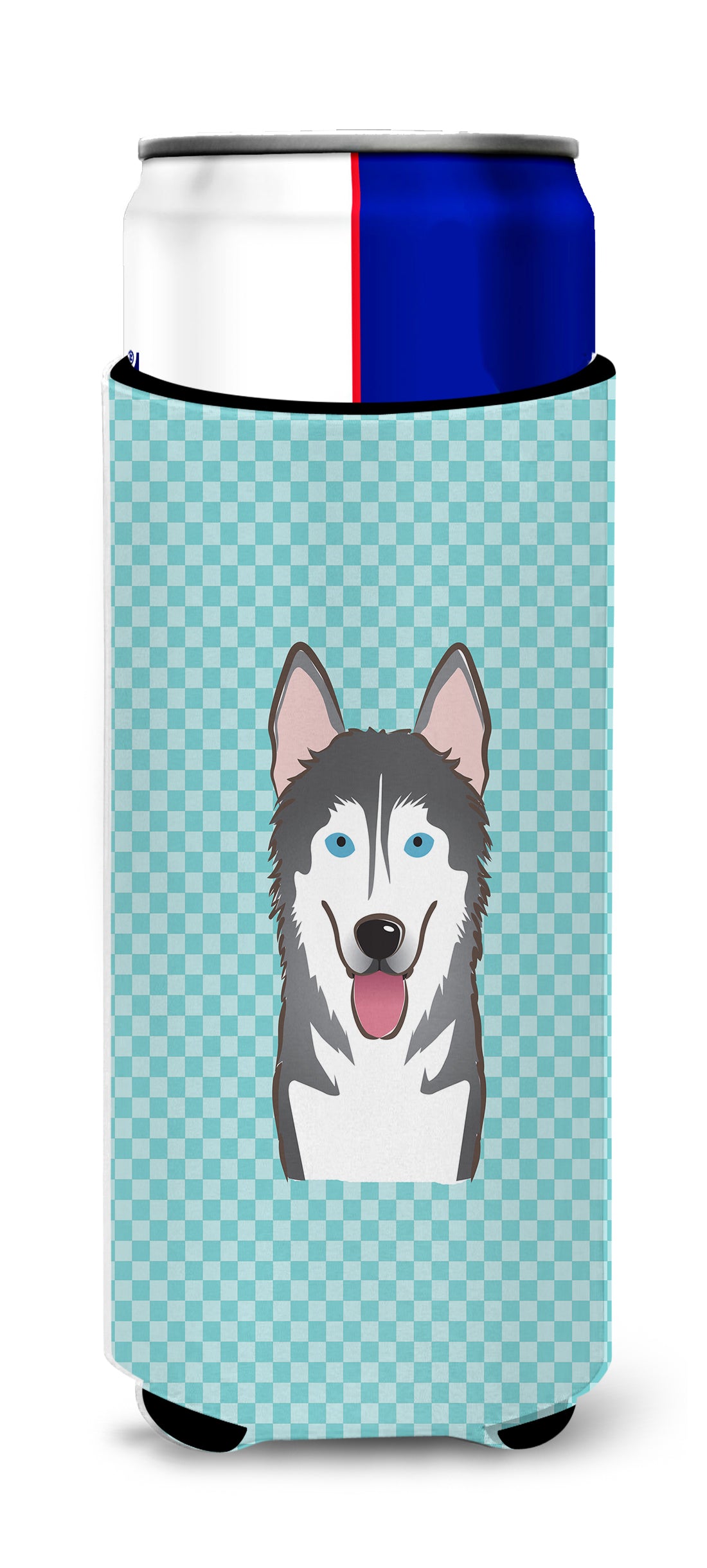 Checkerboard Blue Alaskan Malamute Ultra Beverage Insulators for slim cans.