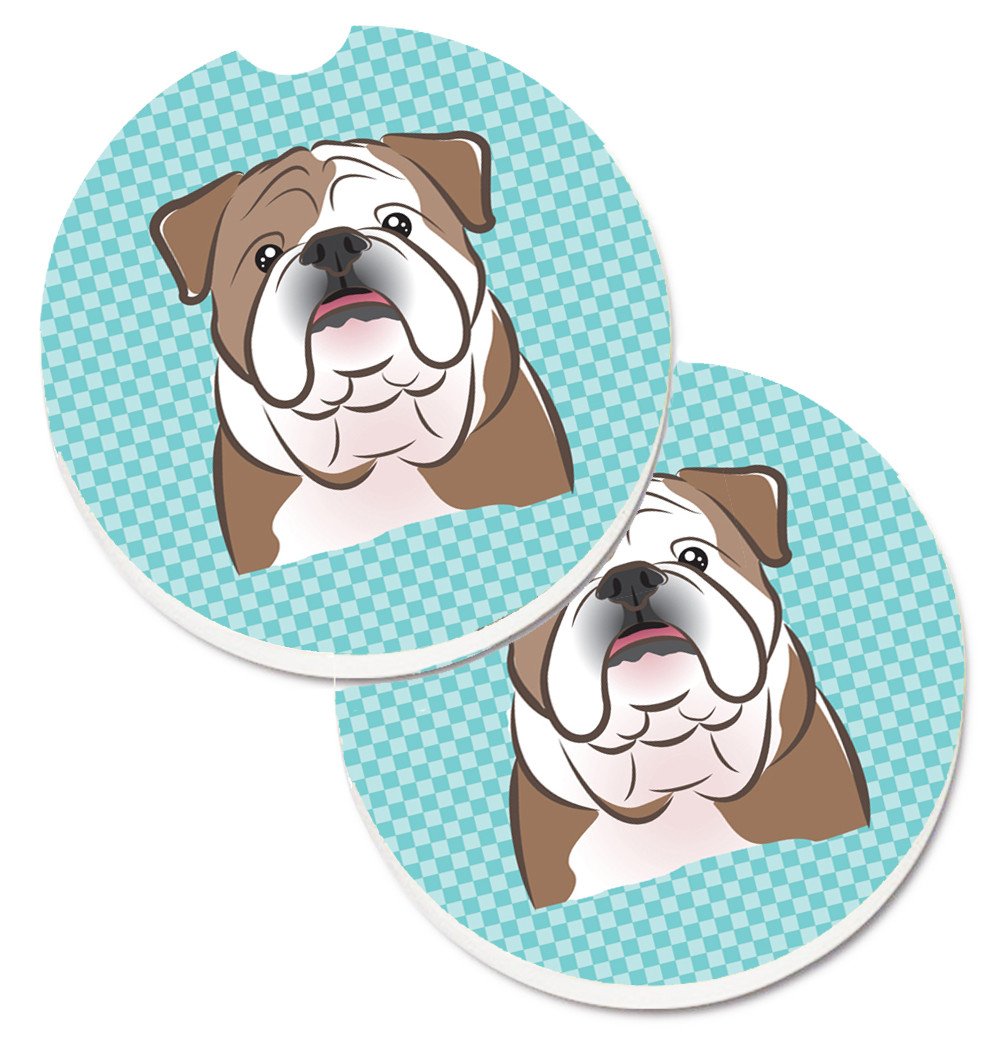 Checkerboard Blue English Bulldog  Set of 2 Cup Holder Car Coasters BB1157CARC by Caroline&#39;s Treasures