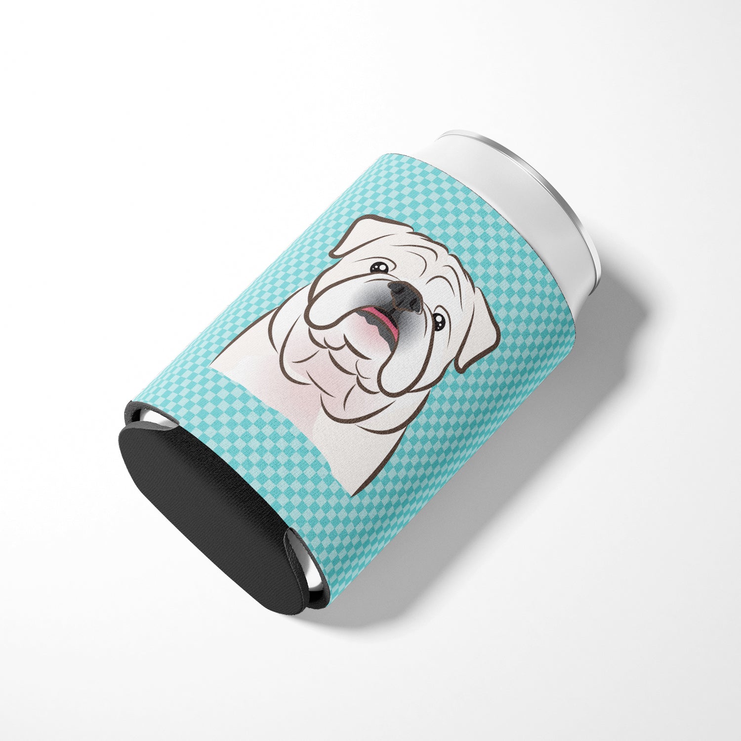 Checkerboard Blue White English Bulldog  Can or Bottle Hugger BB1158CC.