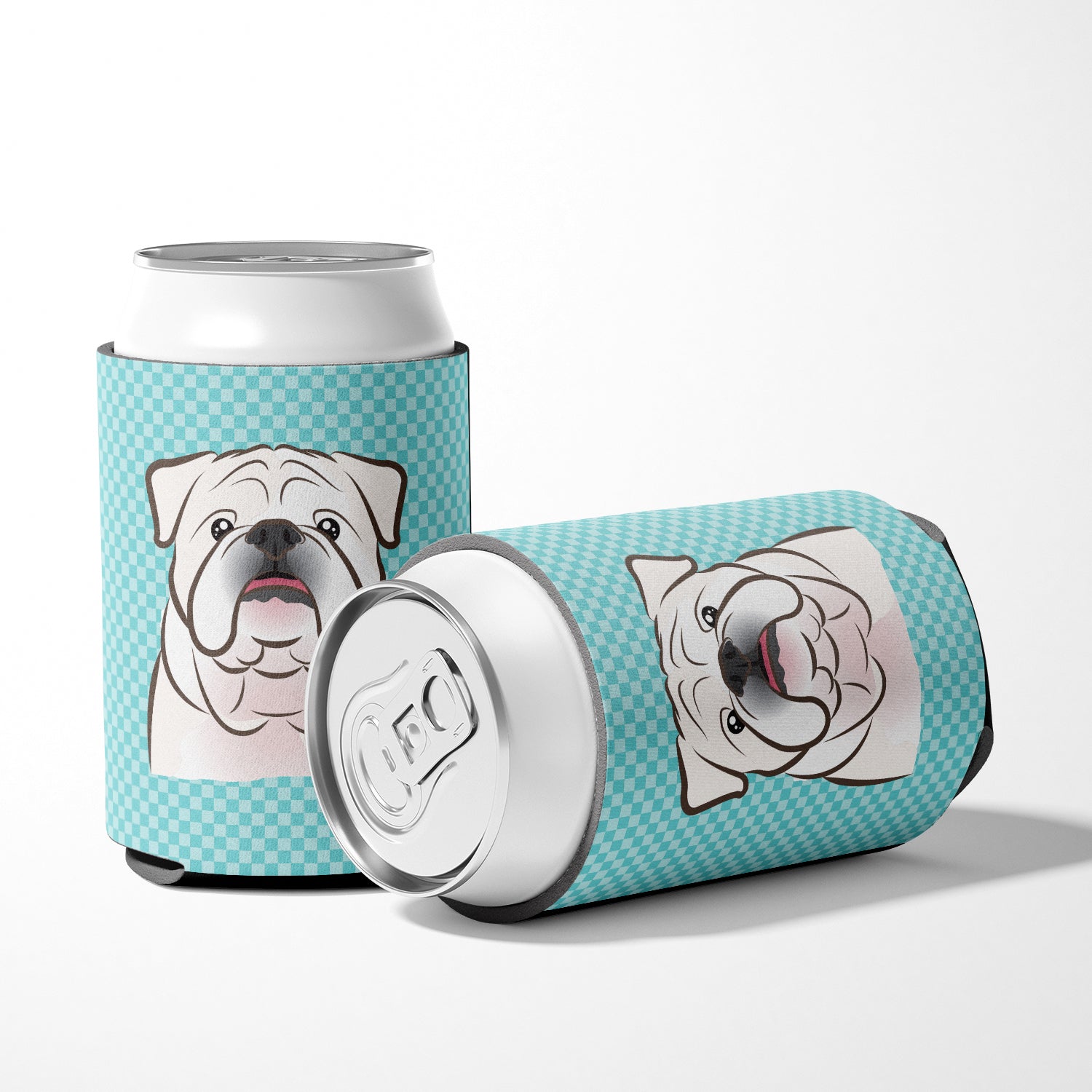 Checkerboard Blue White English Bulldog  Can or Bottle Hugger BB1158CC.