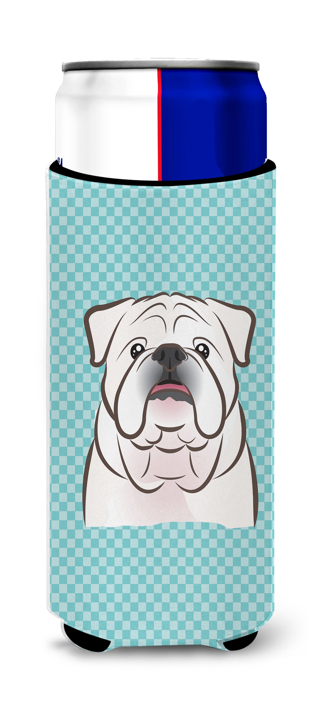 Checkerboard Blue White English Bulldog  Ultra Beverage Insulators for slim cans.