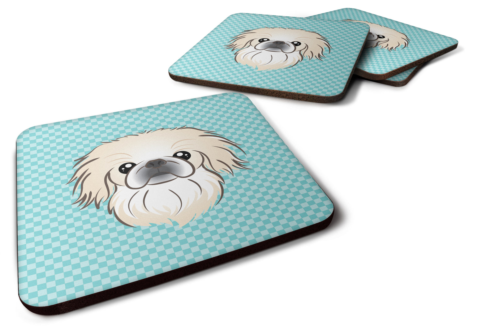 Set of 4 Checkerboard Blue Pekingese Foam Coasters BB1159FC - the-store.com