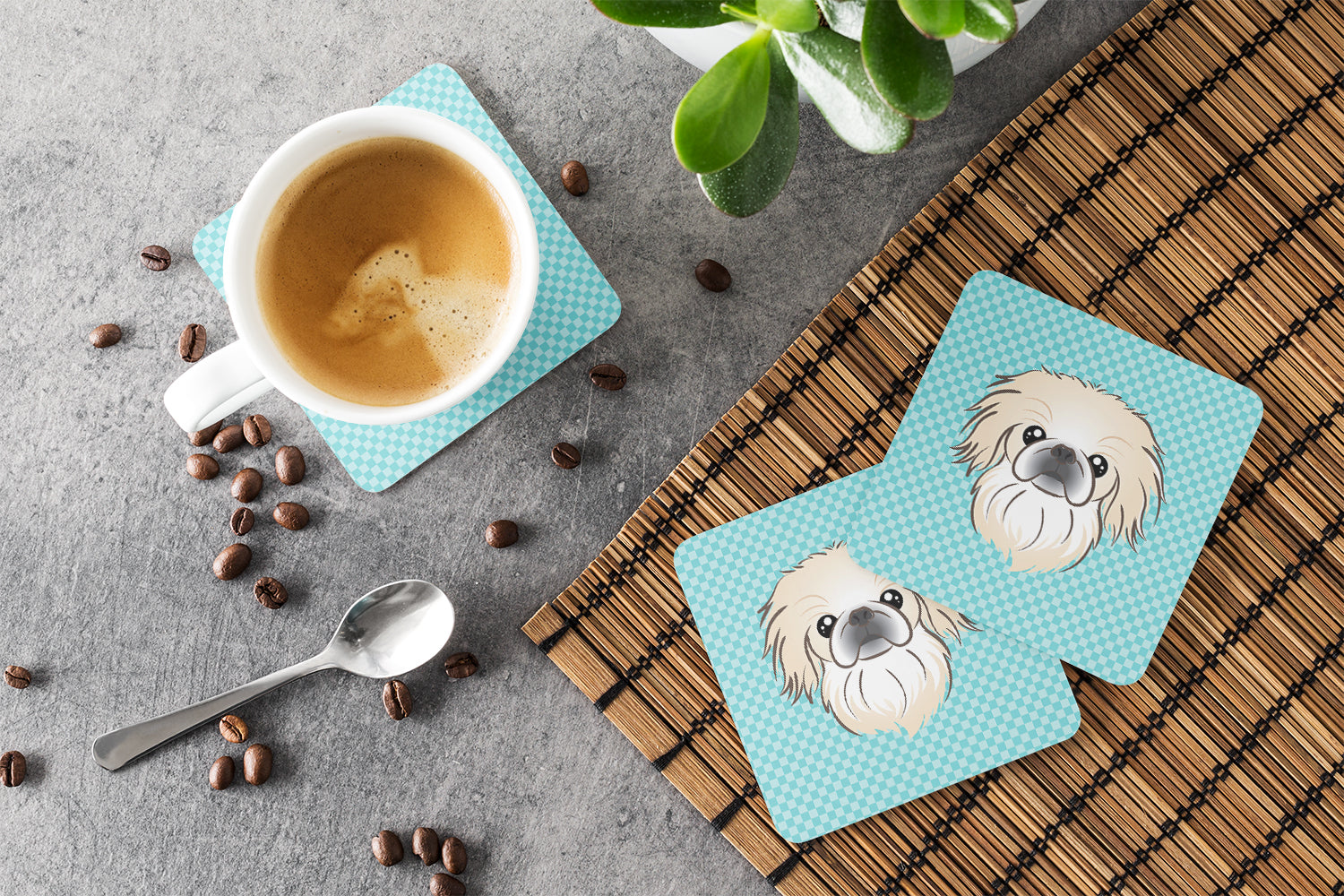 Set of 4 Checkerboard Blue Pekingese Foam Coasters BB1159FC - the-store.com