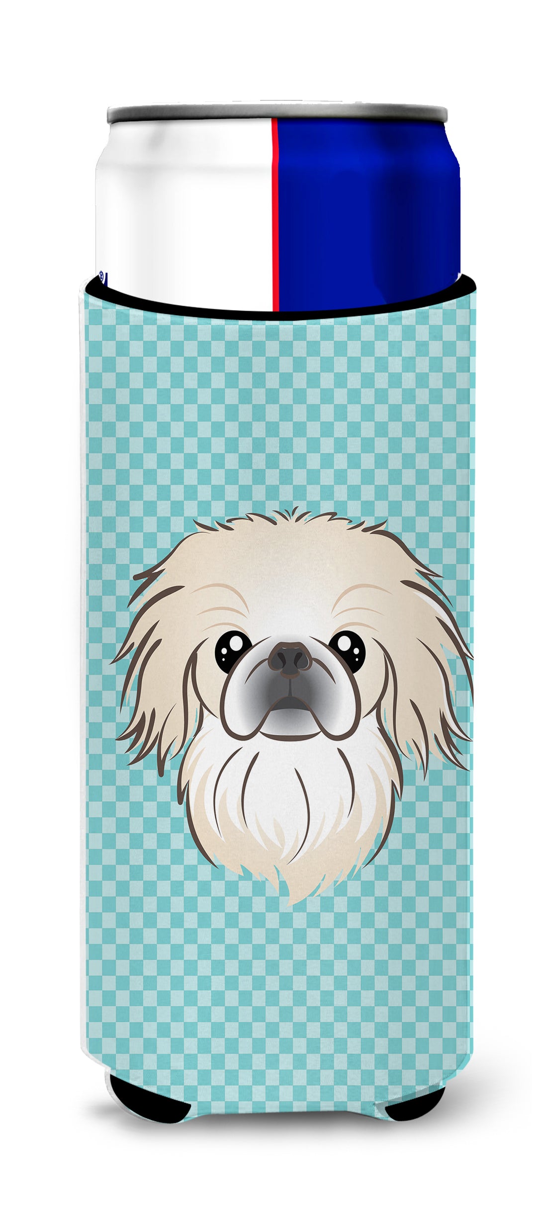 Checkerboard Blue Pekingese Ultra Beverage Insulators for slim cans BB1159MUK.