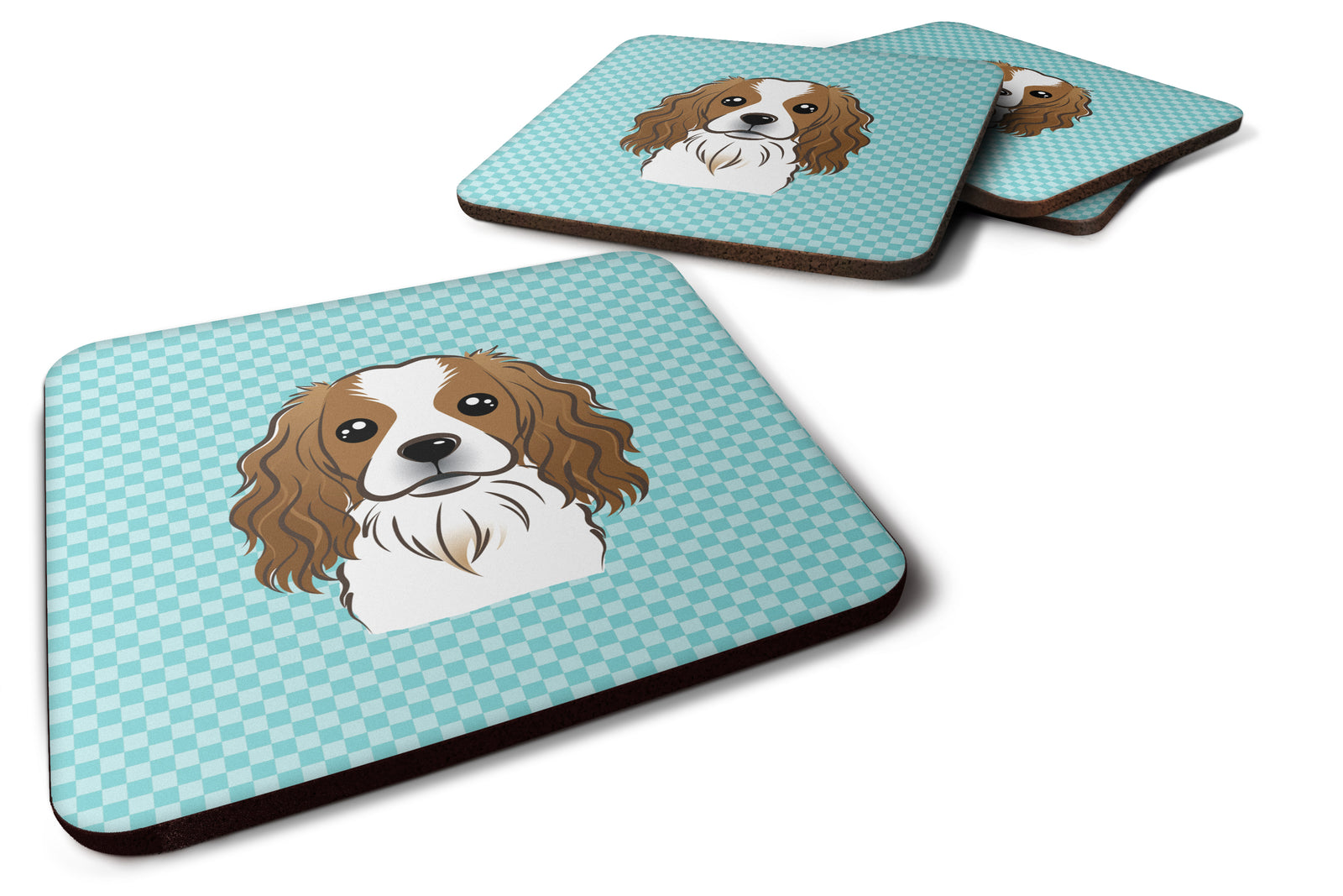 Set of 4 Checkerboard Blue Cavalier Spaniel Foam Coasters BB1162FC - the-store.com