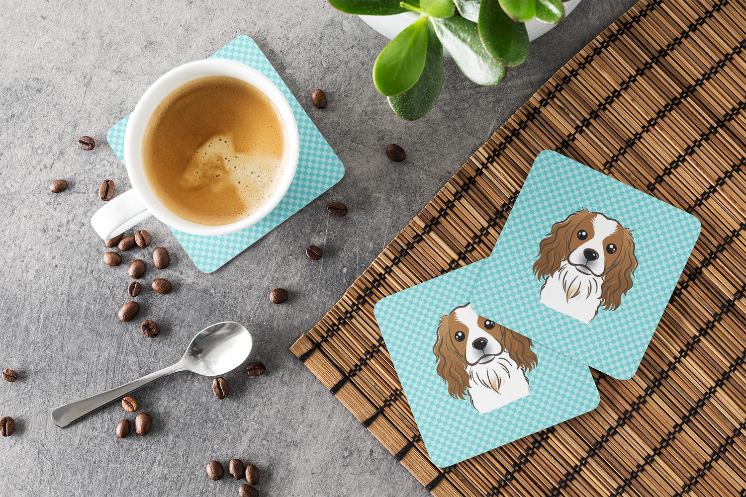 Set of 4 Checkerboard Blue Cavalier Spaniel Foam Coasters BB1162FC - the-store.com