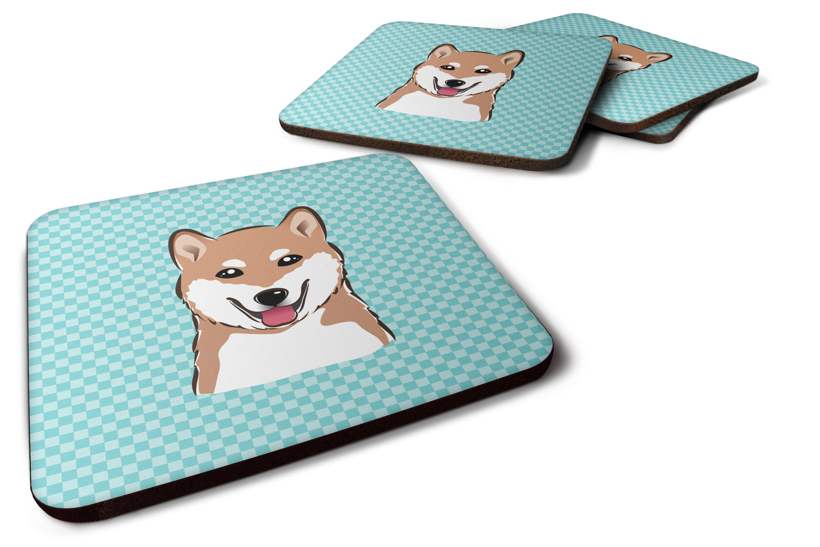 Set of 4 Checkerboard Blue Shiba Inu Foam Coasters BB1163FC - the-store.com