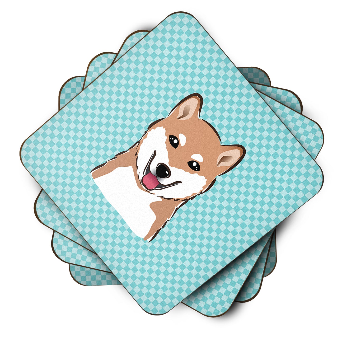 Set of 4 Checkerboard Blue Shiba Inu Foam Coasters BB1163FC - the-store.com