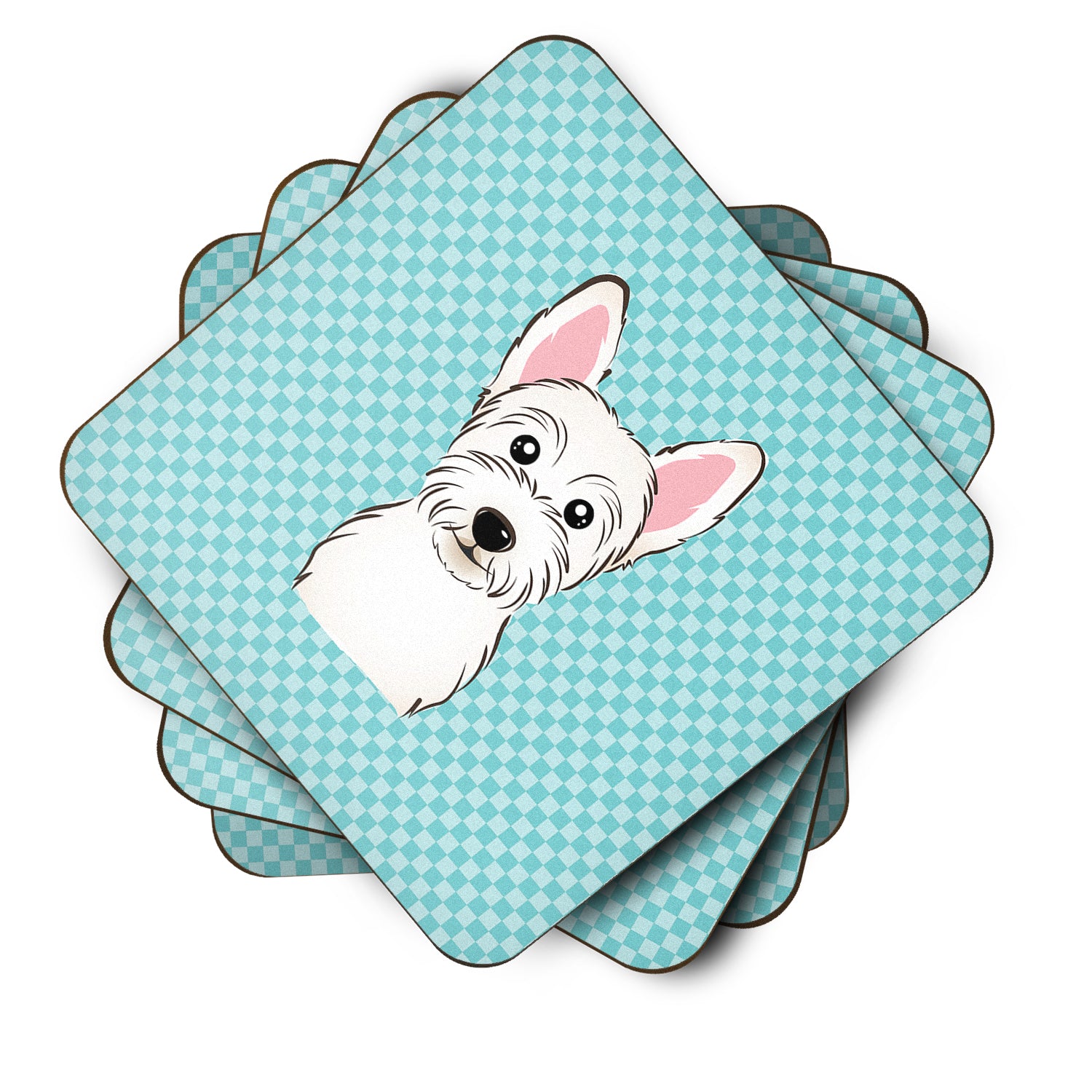 Set of 4 Checkerboard Blue Westie Foam Coasters BB1164FC - the-store.com