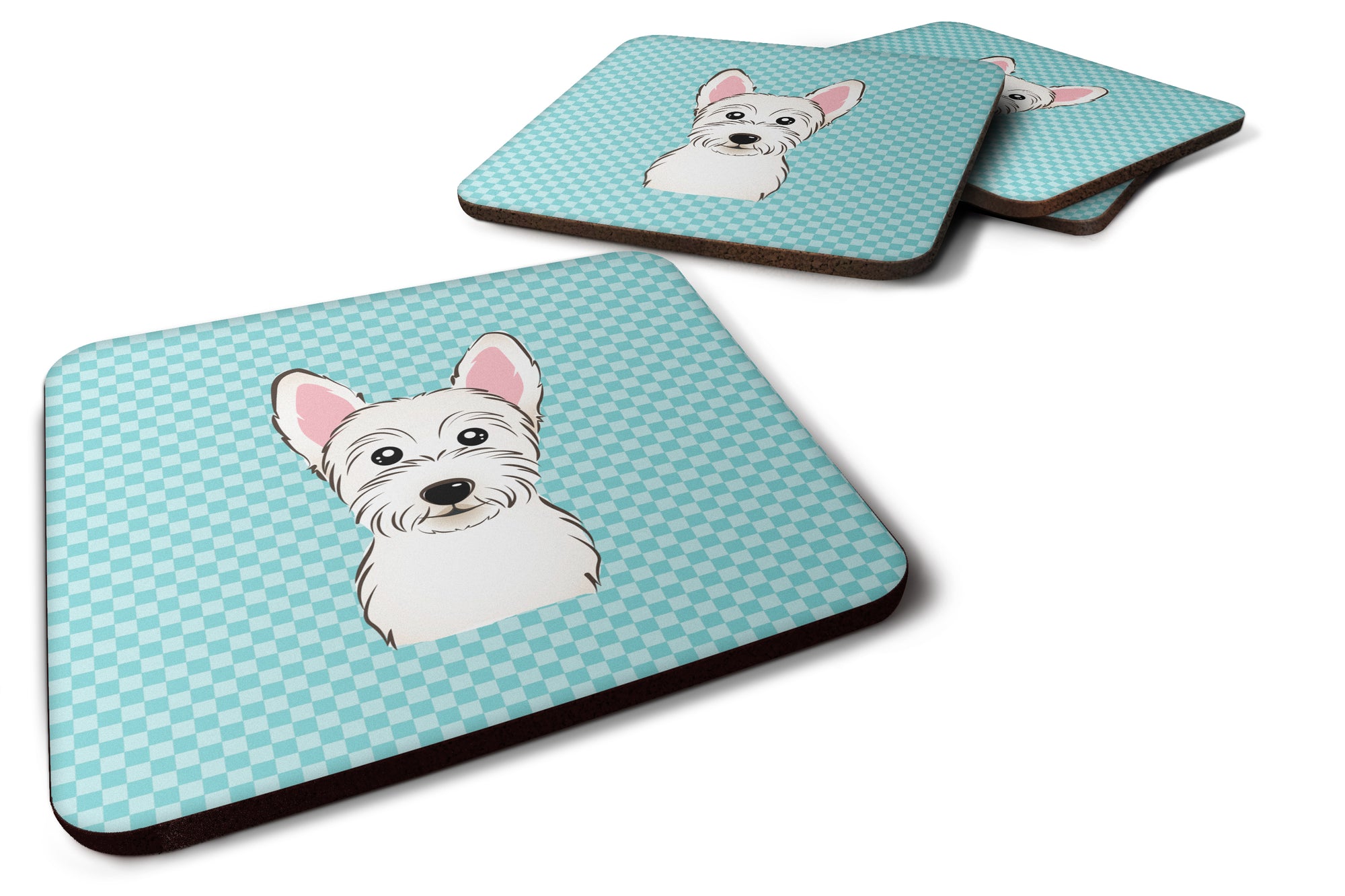 Set of 4 Checkerboard Blue Westie Foam Coasters BB1164FC - the-store.com