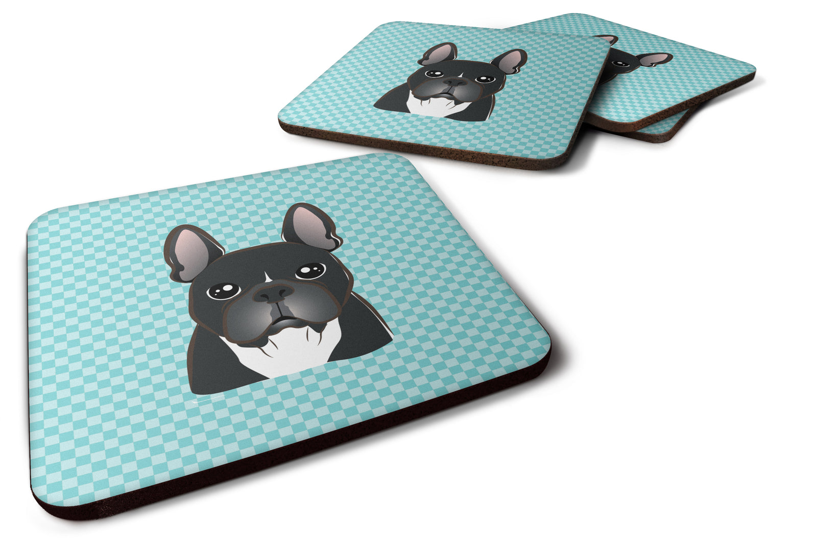 Set of 4 Checkerboard Blue French Bulldog Foam Coasters BB1165FC - the-store.com