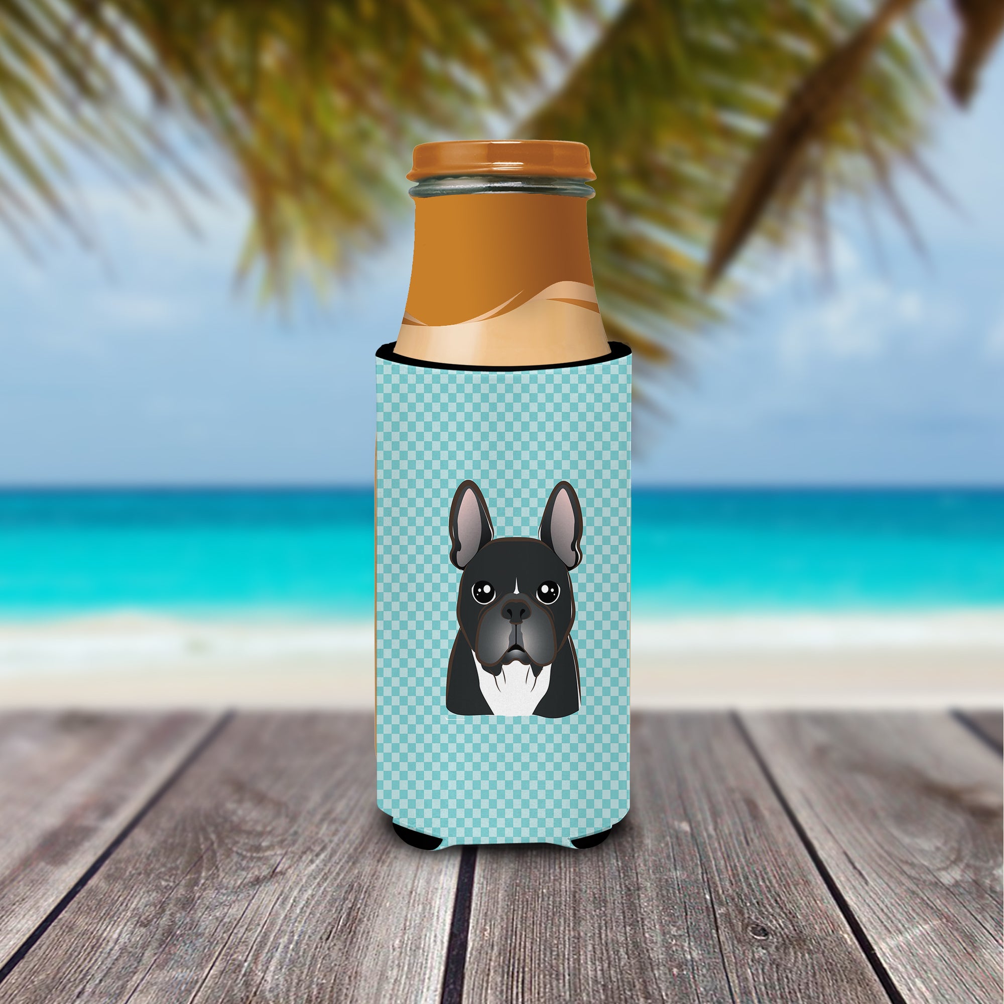 Checkerboard Blue French Bulldog Ultra Beverage Insulators for slim cans BB1165MUK.