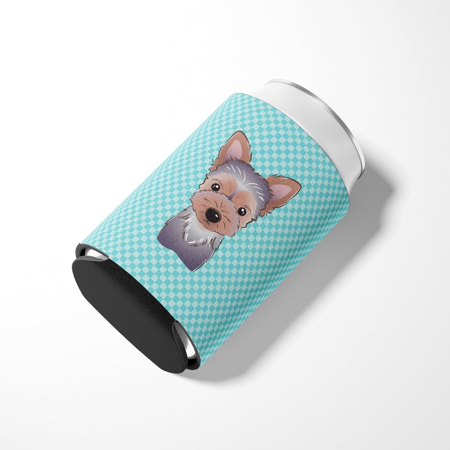 Checkerboard Blue Yorkie Puppy Can or Bottle Hugger BB1170CC.