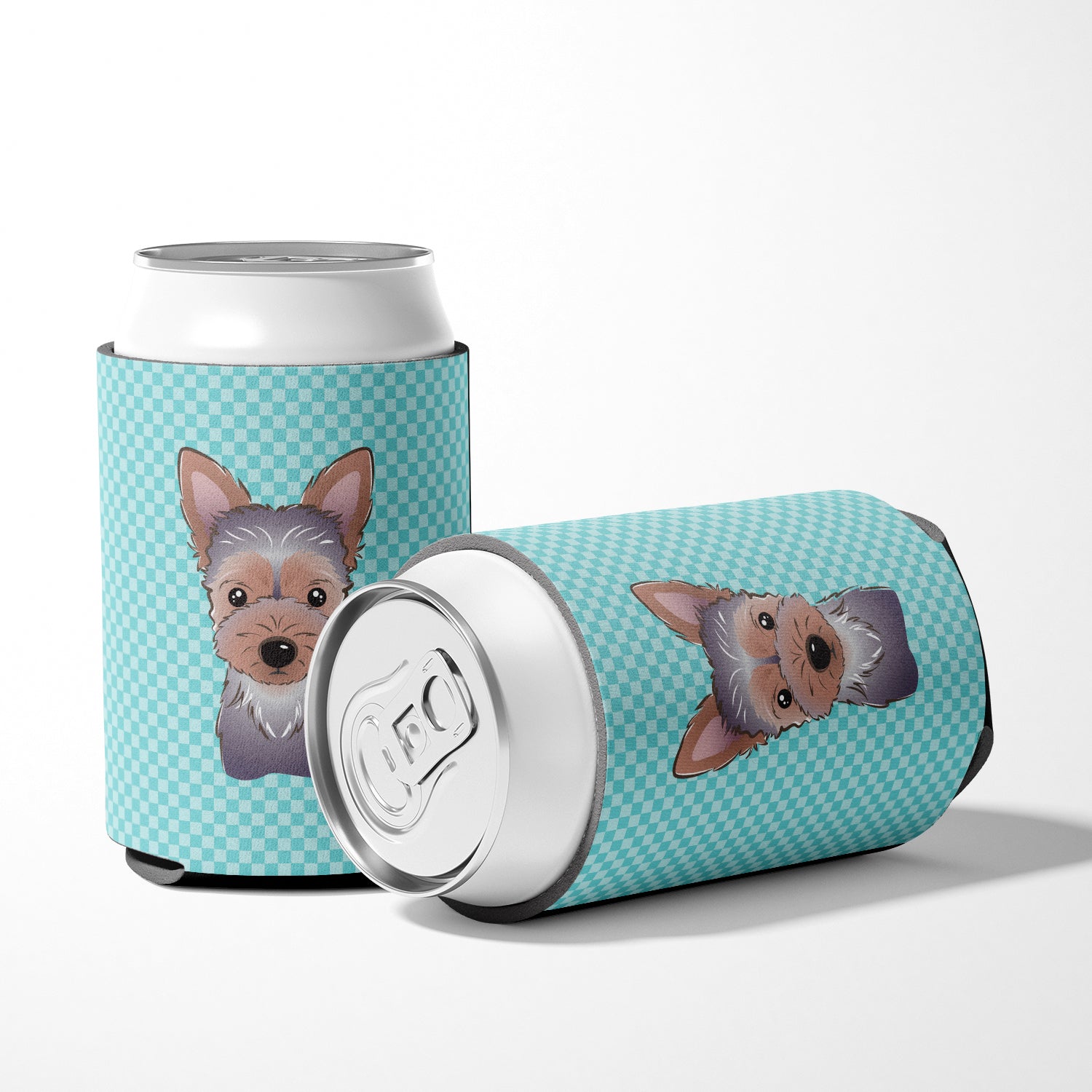 Checkerboard Blue Yorkie Puppy Can or Bottle Hugger BB1170CC.