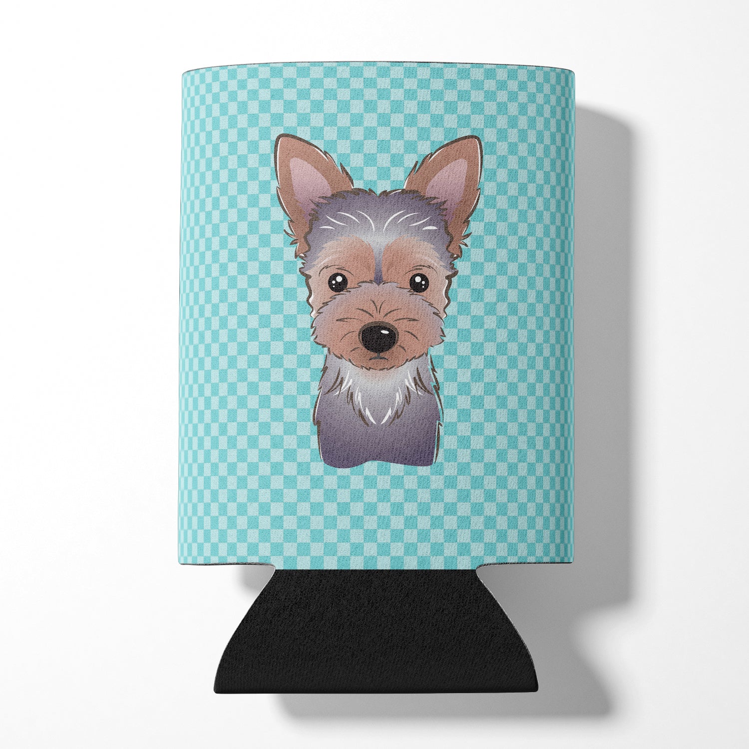 Checkerboard Blue Yorkie Puppy Can or Bottle Hugger BB1170CC.