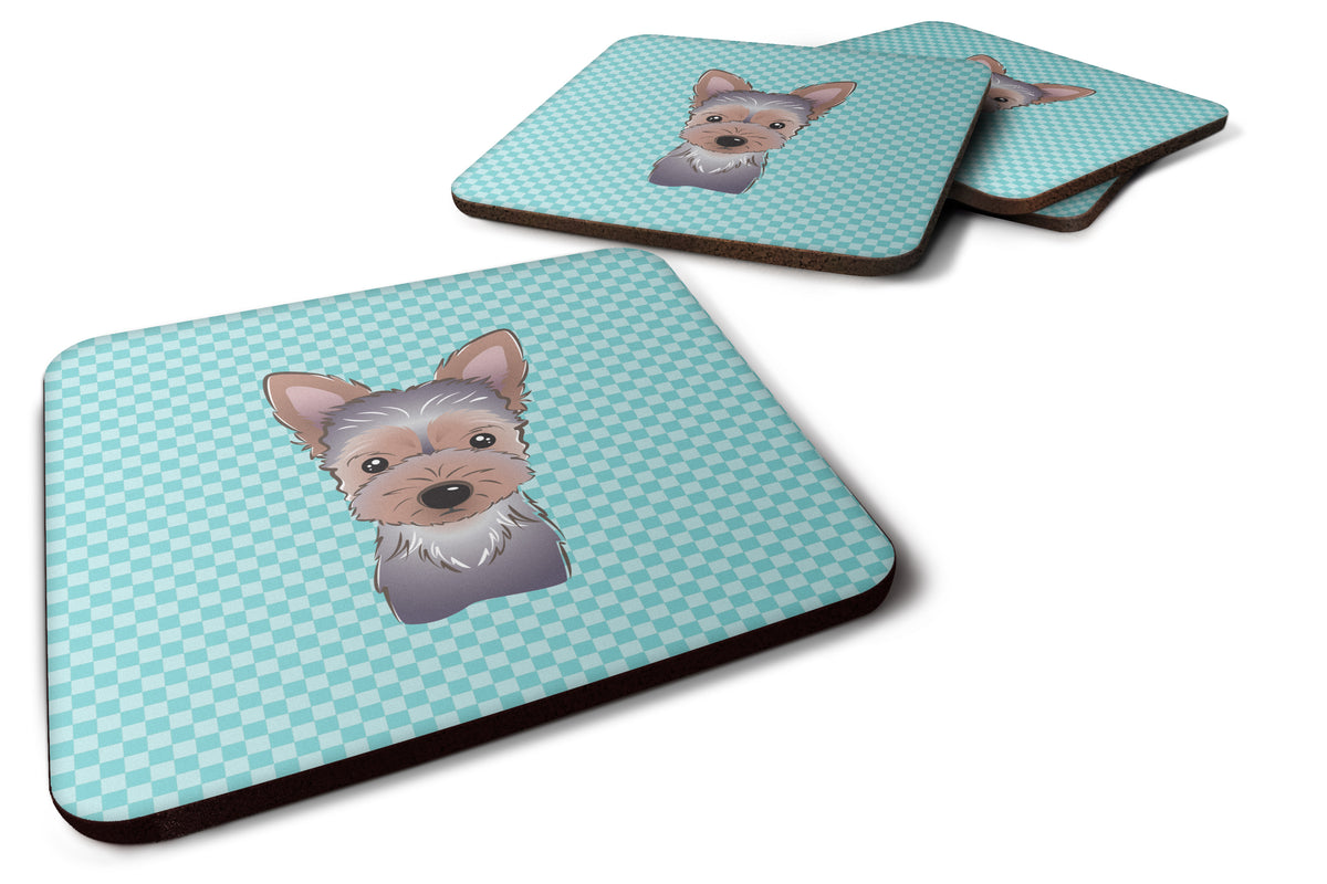 Set of 4 Checkerboard Blue Yorkie Puppy Foam Coasters BB1170FC - the-store.com