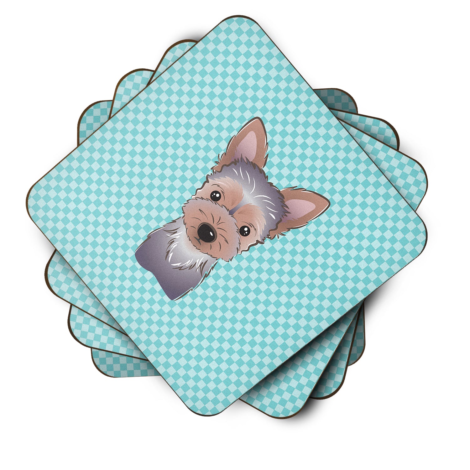 Set of 4 Checkerboard Blue Yorkie Puppy Foam Coasters BB1170FC - the-store.com