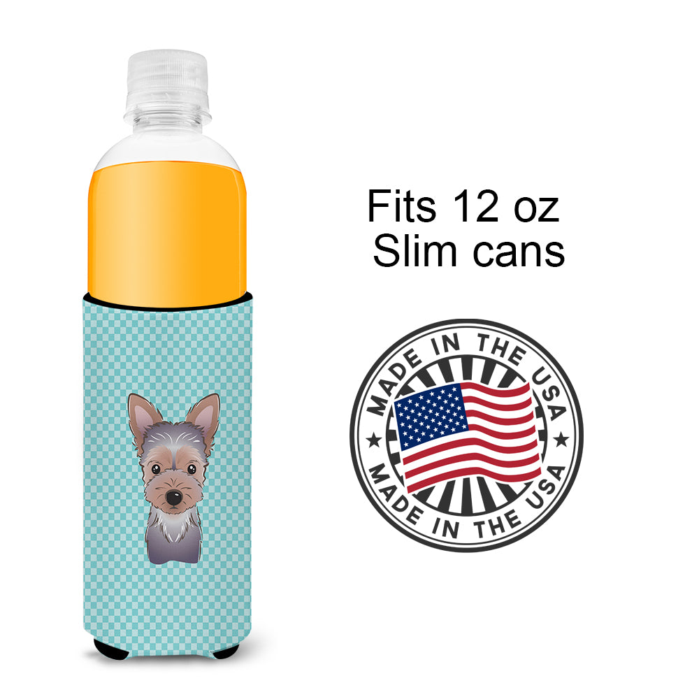 Checkerboard Blue Yorkie Puppy Ultra Beverage Insulators for slim cans BB1170MUK.