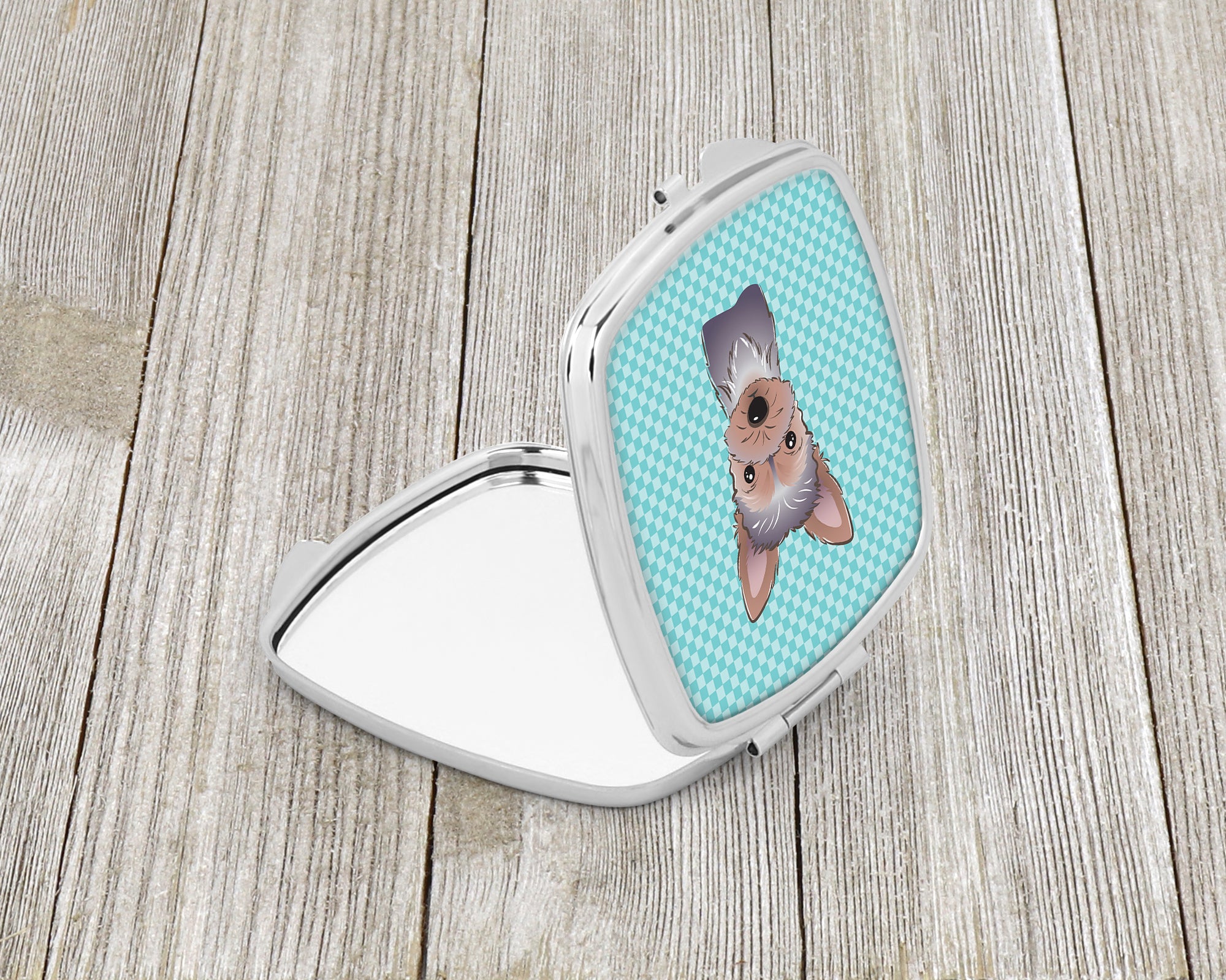 Checkerboard Blue Yorkie Puppy Compact Mirror BB1170SCM  the-store.com.