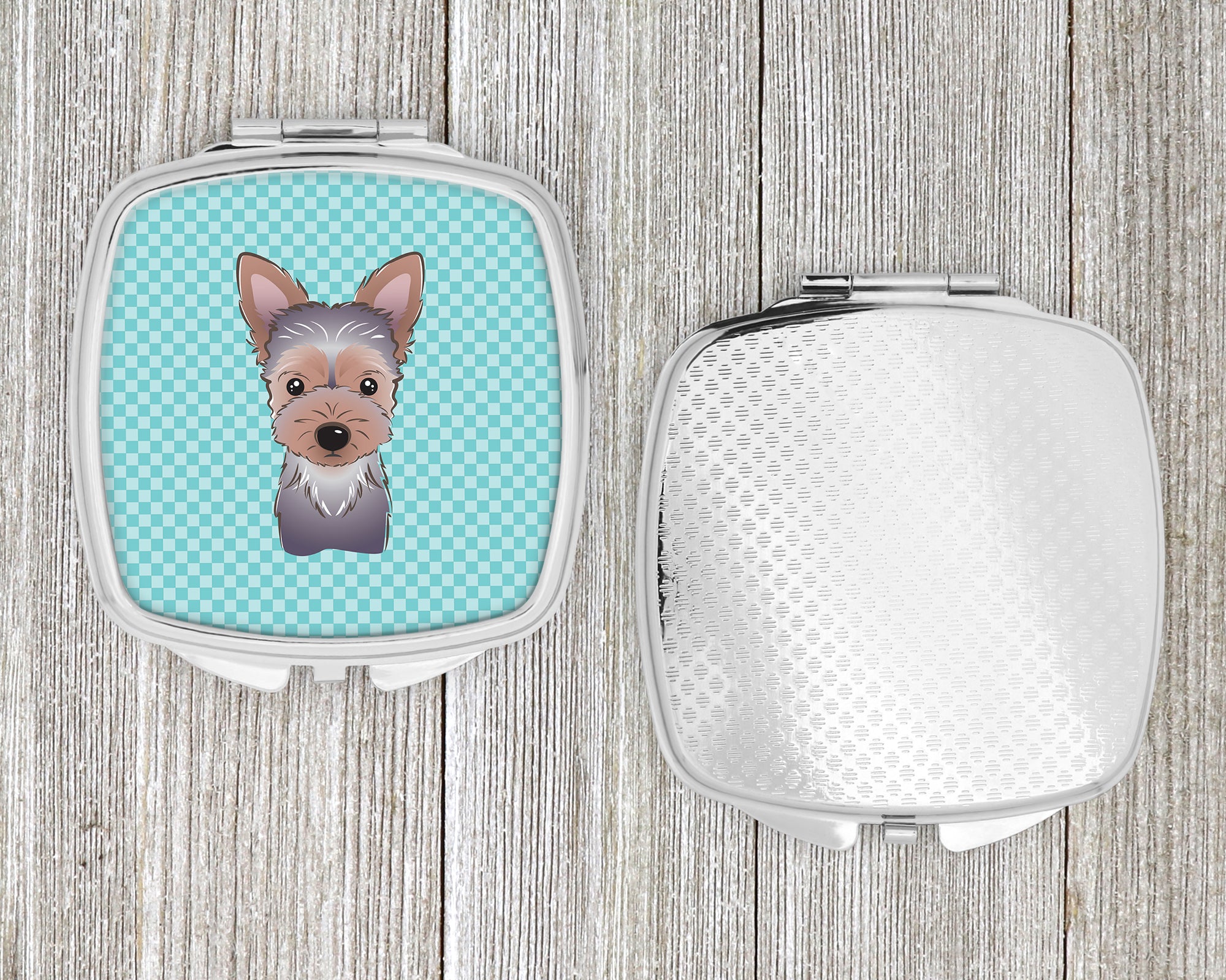 Checkerboard Blue Yorkie Puppy Compact Mirror BB1170SCM  the-store.com.