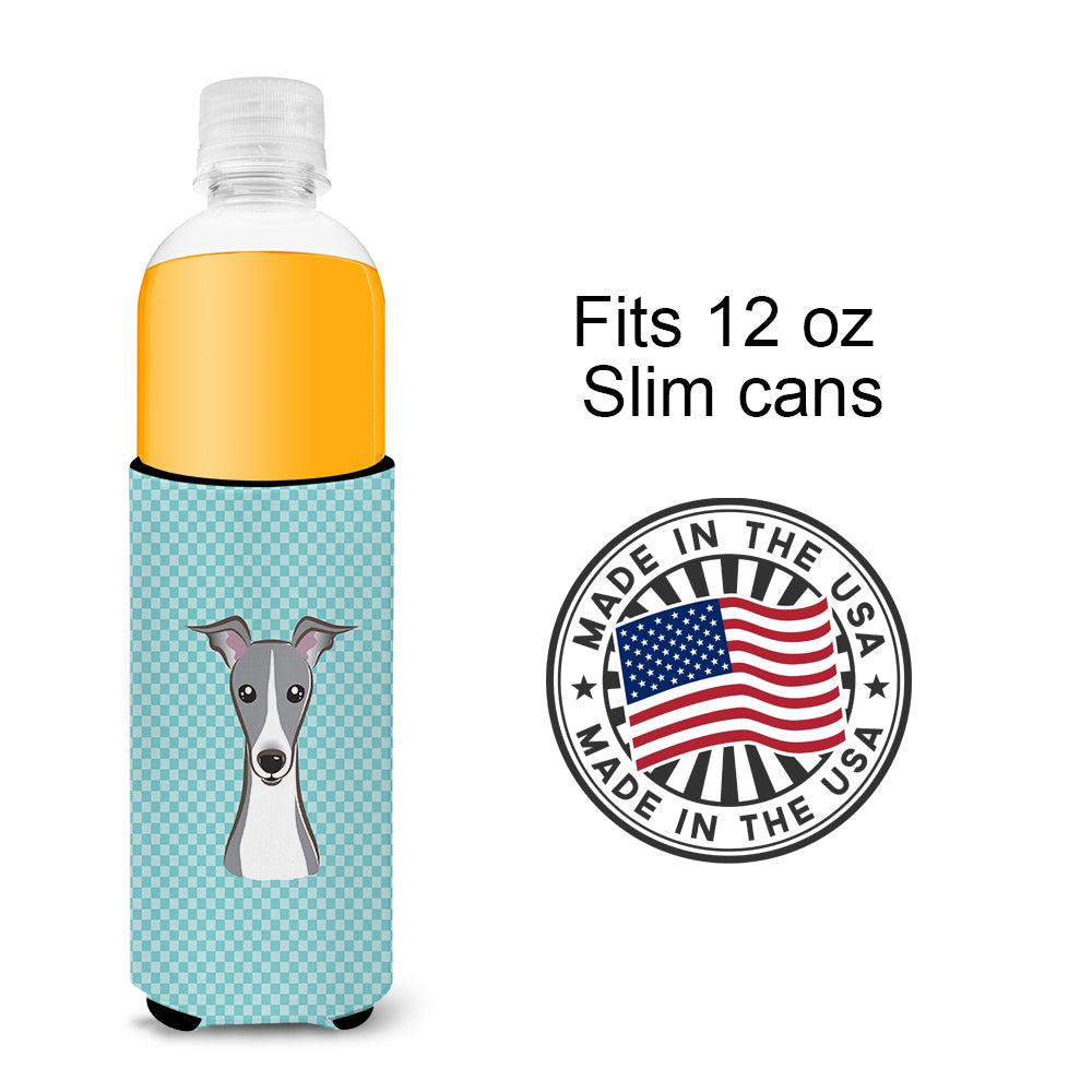 Checkerboard Blue Italian Greyhound Ultra Beverage Insulators for slim cans.