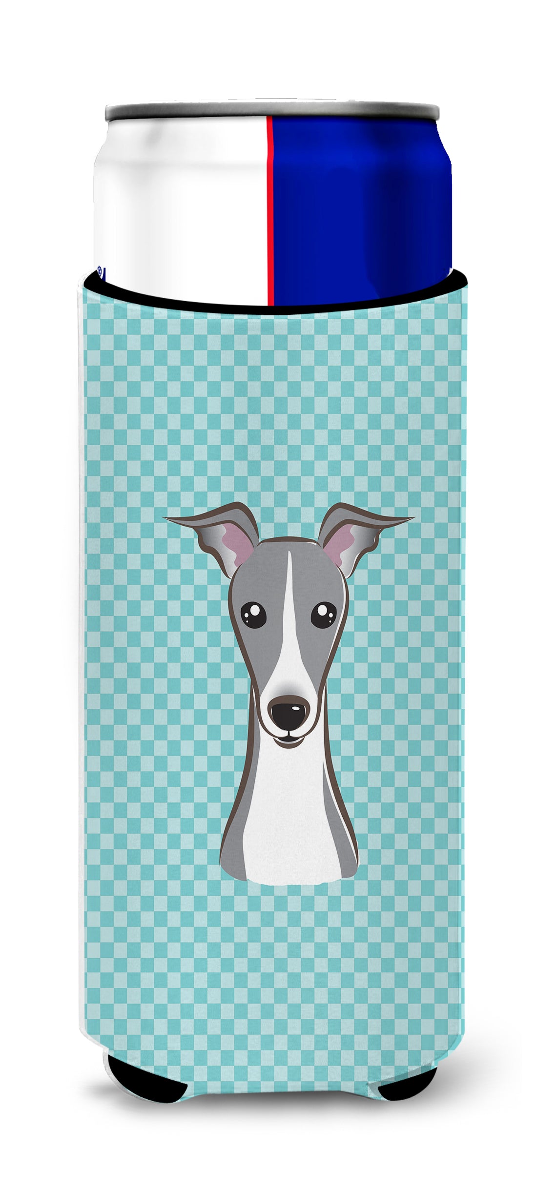 Checkerboard Blue Italian Greyhound Ultra Beverage Insulators for slim cans.