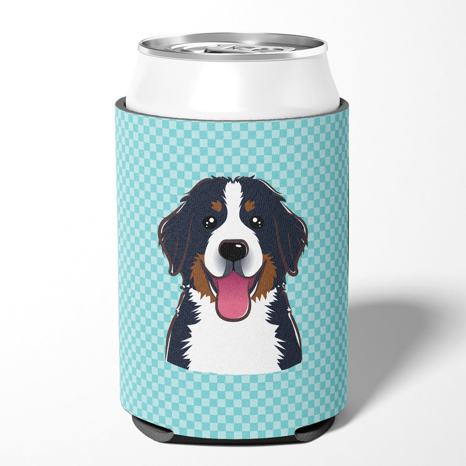 Checkerboard Blue Bernese Mountain Dog Can or Bottle Hugger BB1175CC.