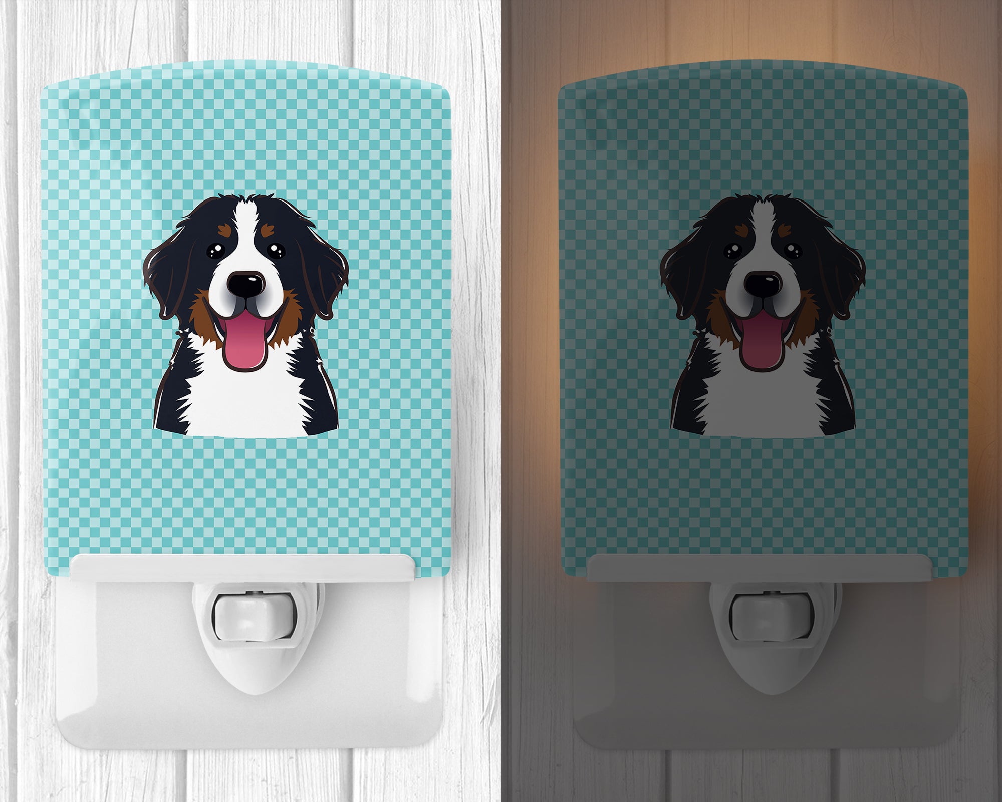 Checkerboard Blue Bernese Mountain Dog Ceramic Night Light BB1175CNL - the-store.com