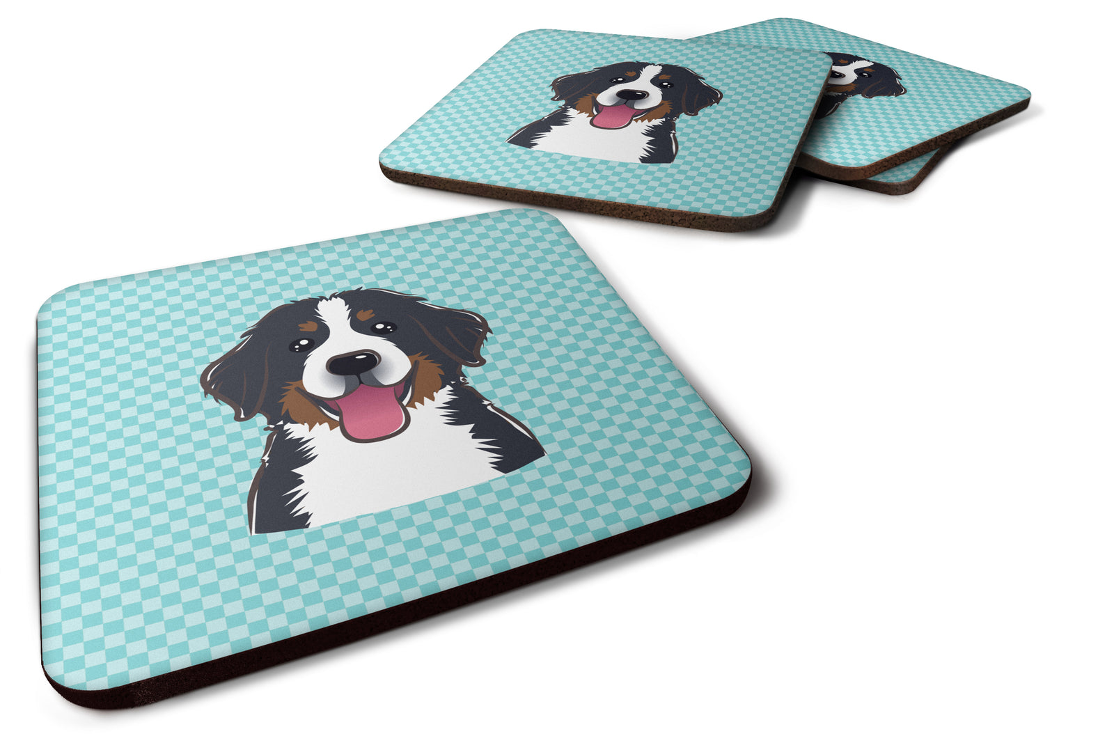 Set of 4 Checkerboard Blue Bernese Mountain Dog Foam Coasters BB1175FC - the-store.com