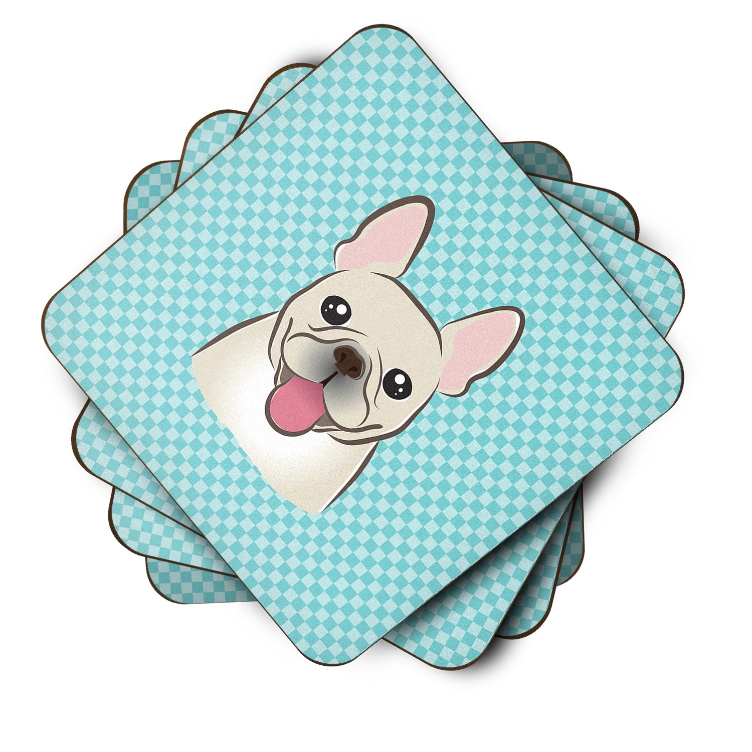 Set of 4 Checkerboard Blue French Bulldog Foam Coasters BB1176FC - the-store.com