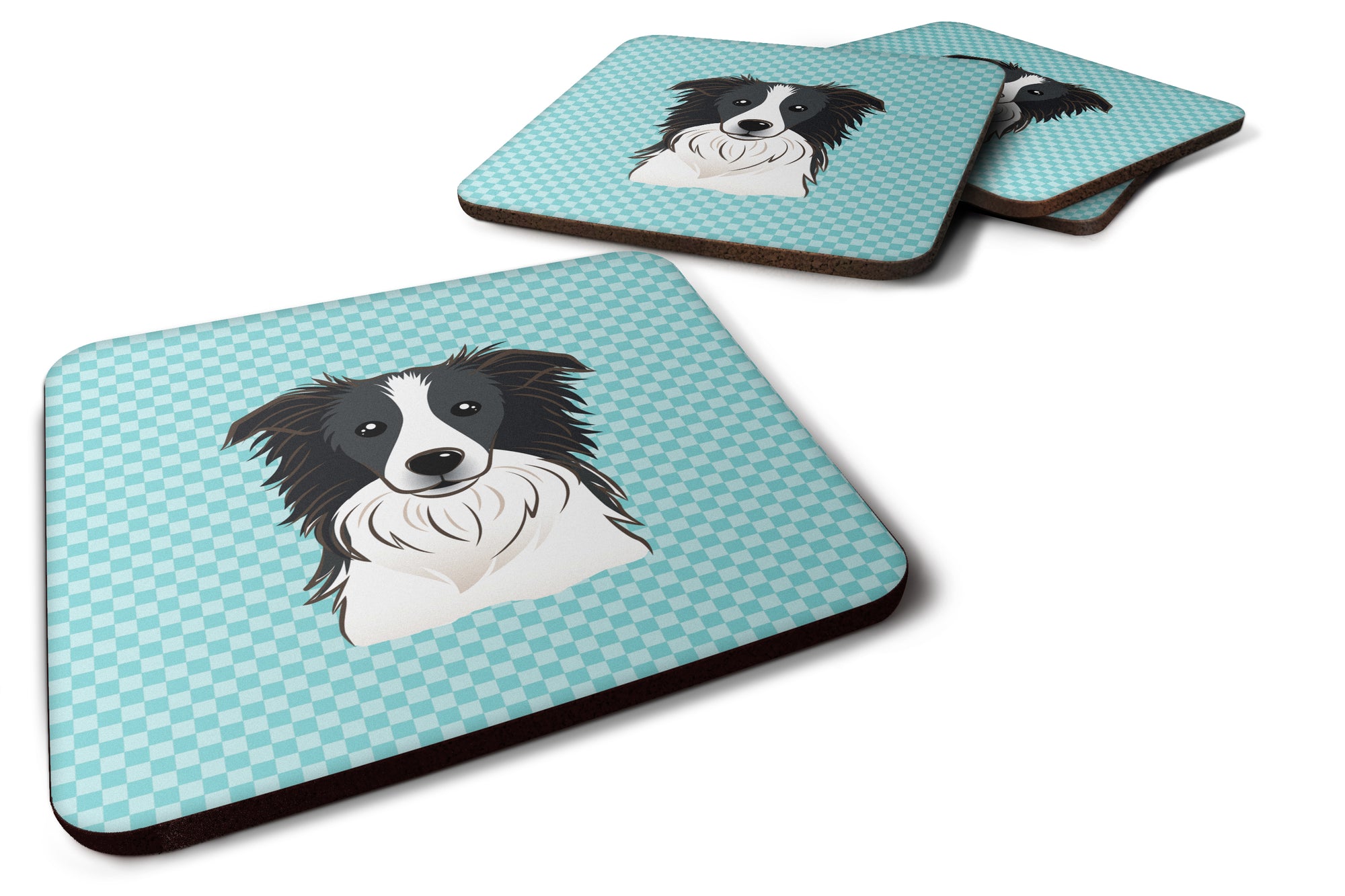 Set of 4 Checkerboard Blue Border Collie Foam Coasters BB1179FC - the-store.com