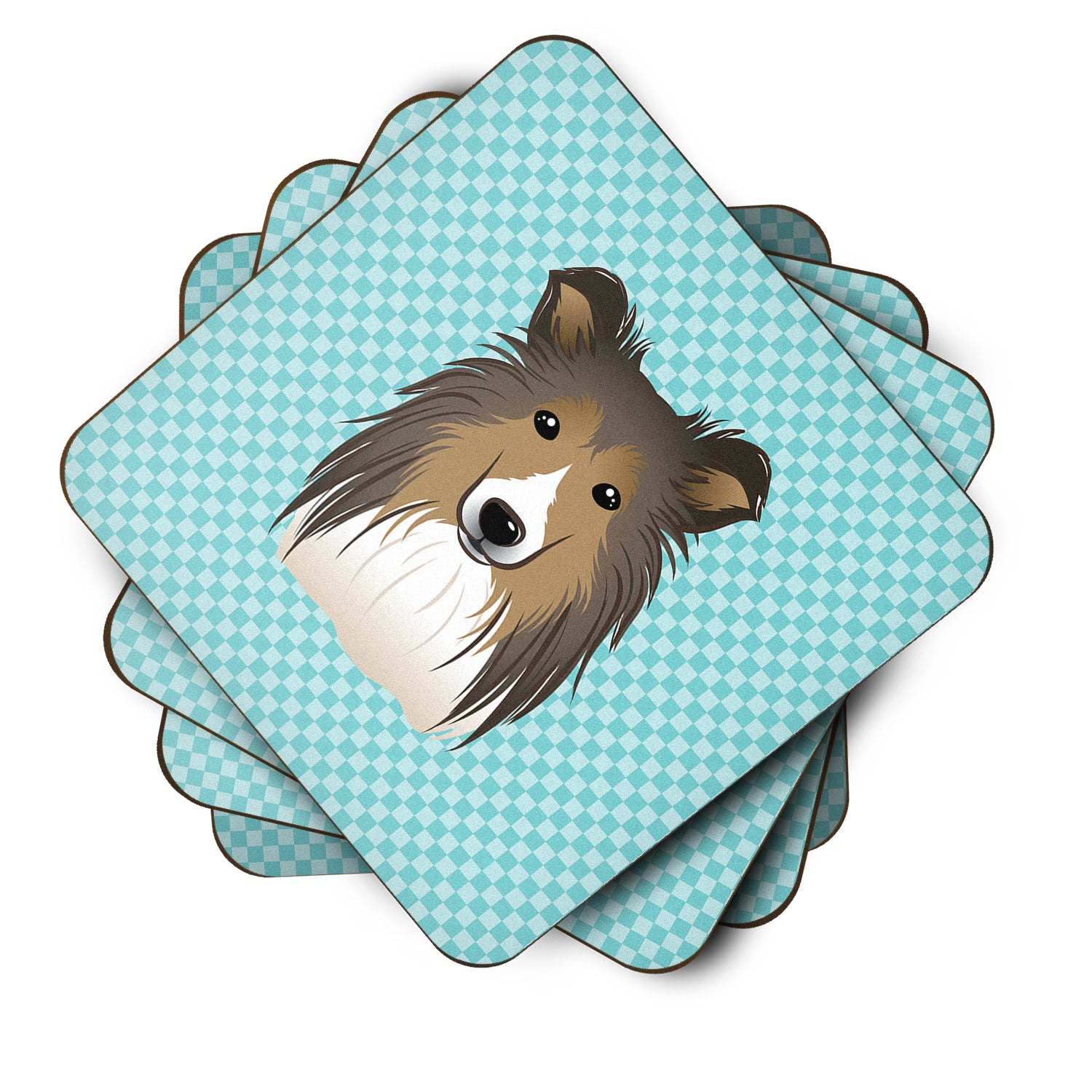 Set of 4 Checkerboard Blue Sheltie Foam Coasters BB1180FC - the-store.com