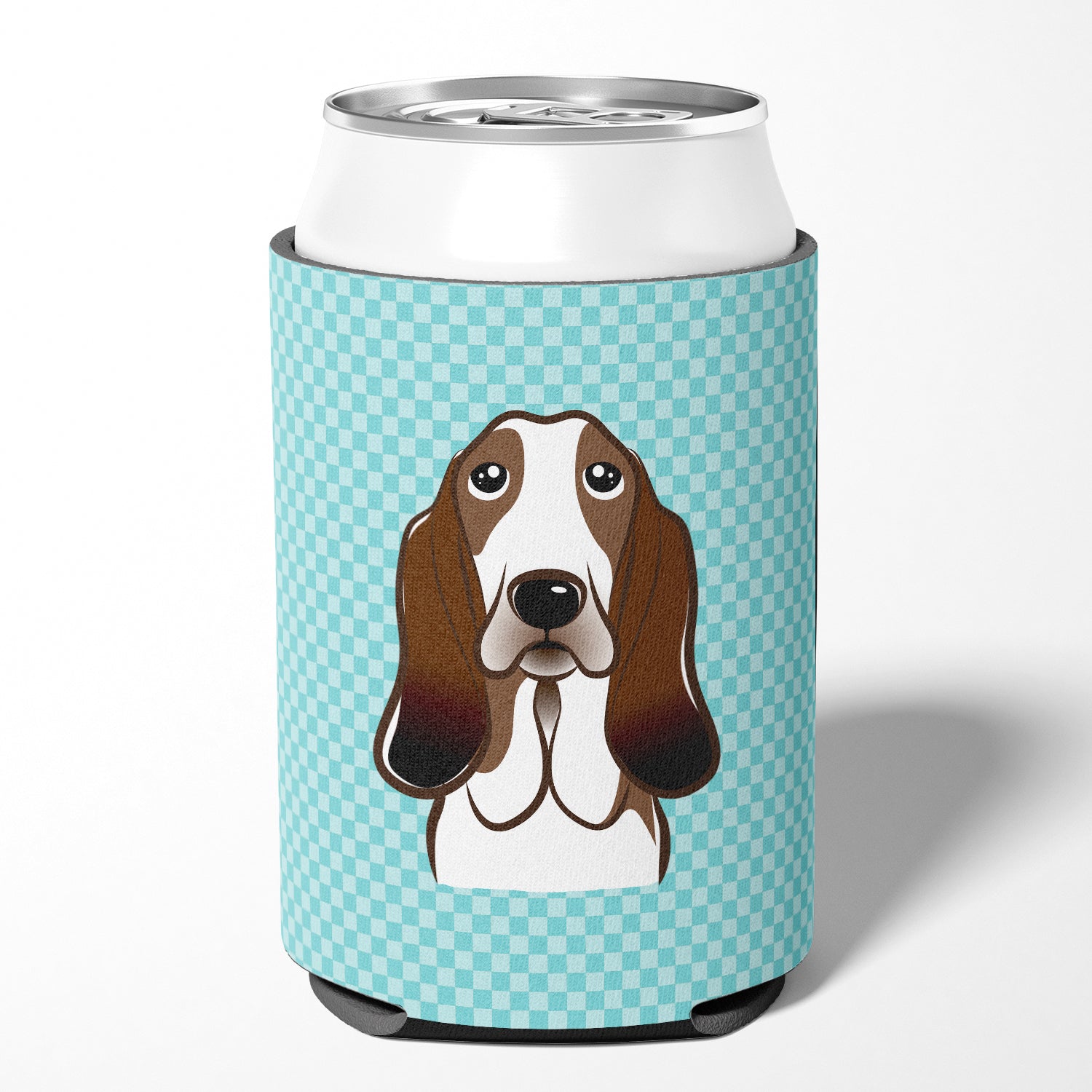 Checkerboard Blue Basset Hound Can or Bottle Hugger BB1181CC.