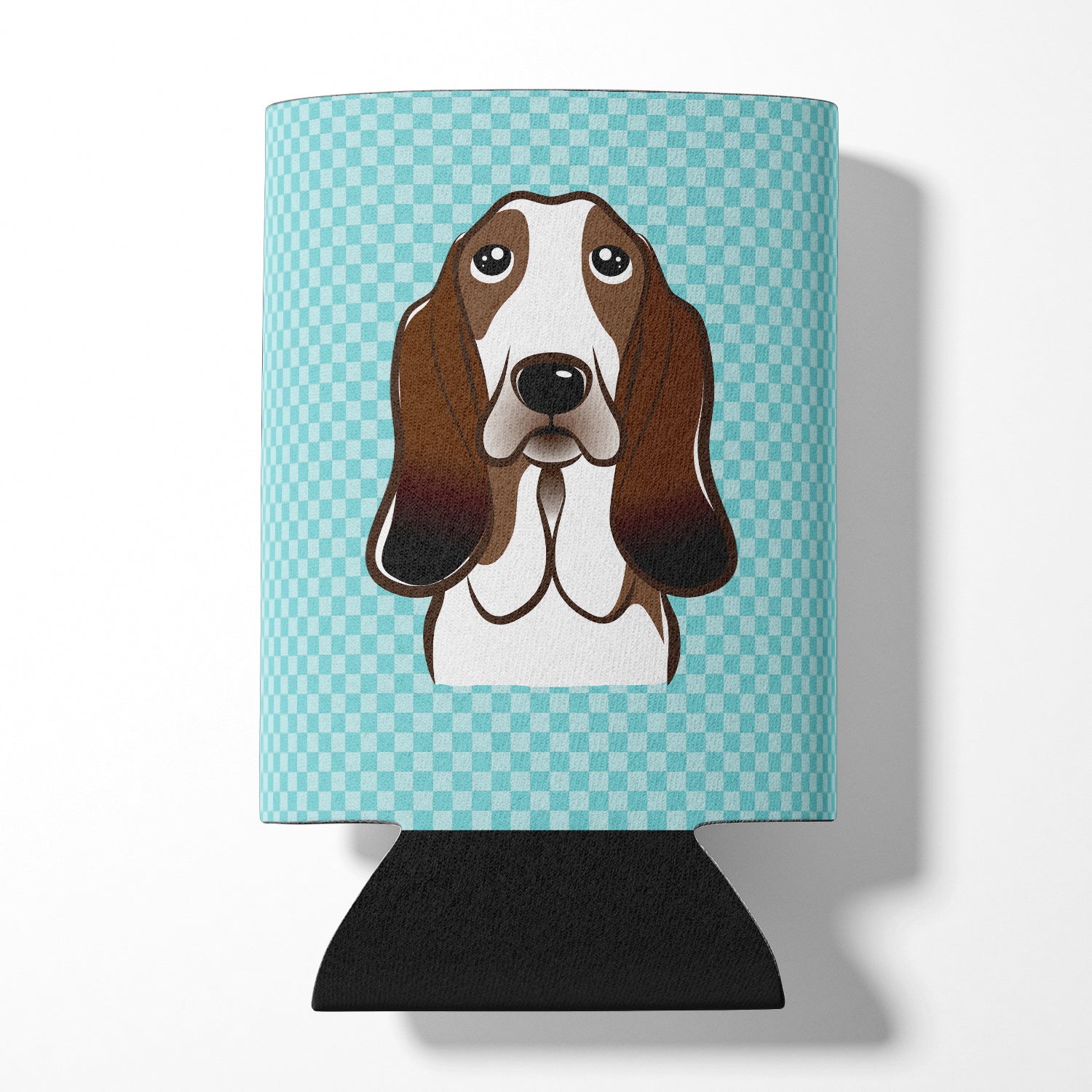 Checkerboard Blue Basset Hound Can or Bottle Hugger BB1181CC.