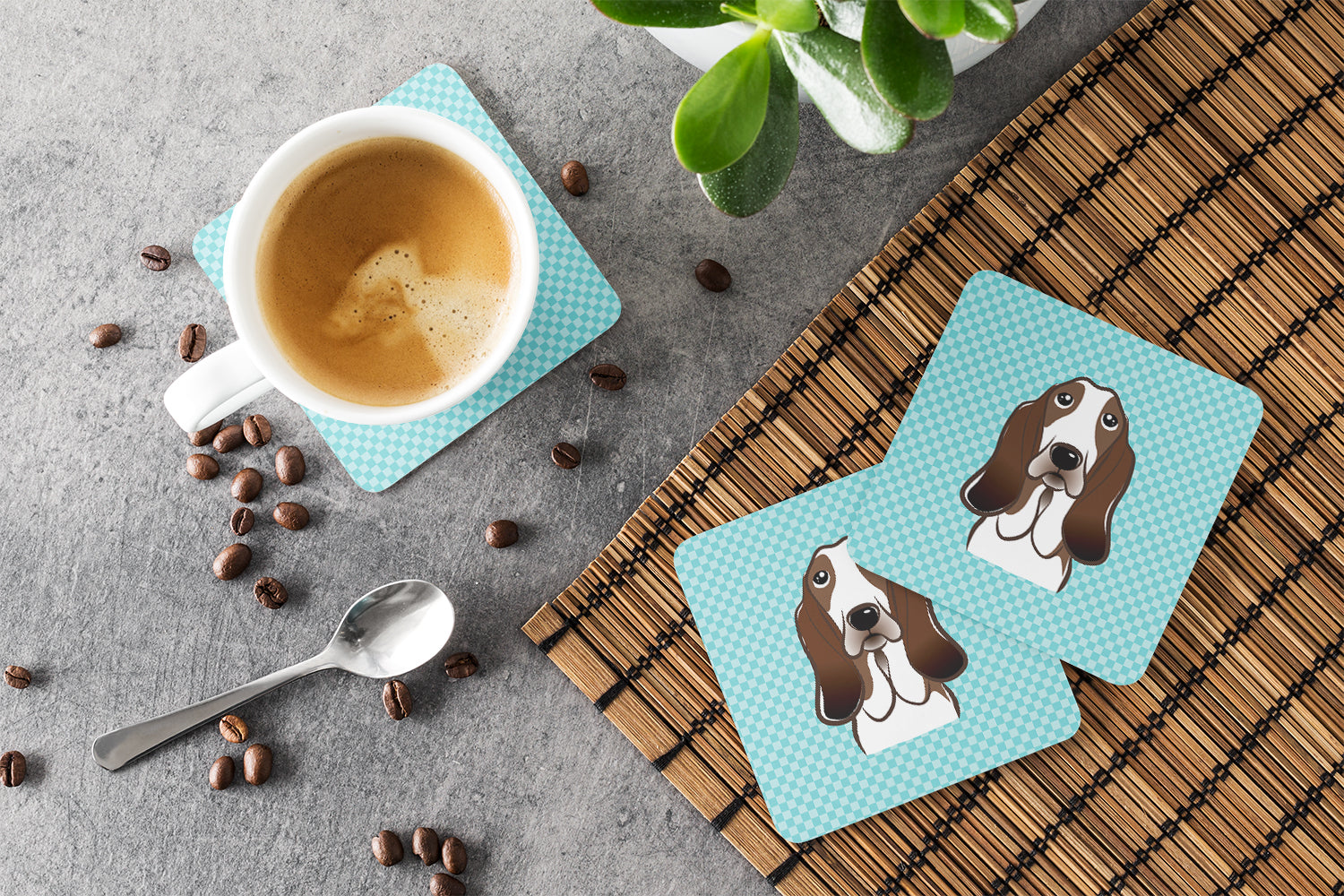 Set of 4 Checkerboard Blue Basset Hound Foam Coasters BB1181FC - the-store.com