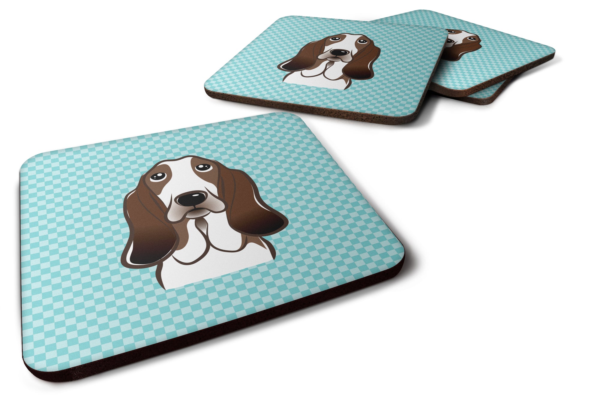 Set of 4 Checkerboard Blue Basset Hound Foam Coasters BB1181FC - the-store.com