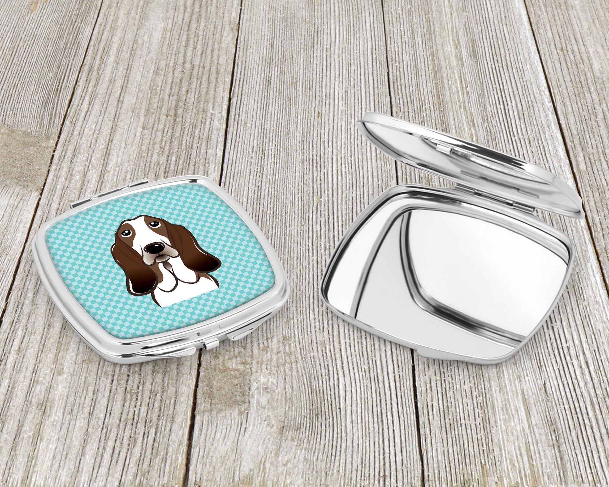 Checkerboard Blue Basset Hound Compact Mirror BB1181SCM  the-store.com.