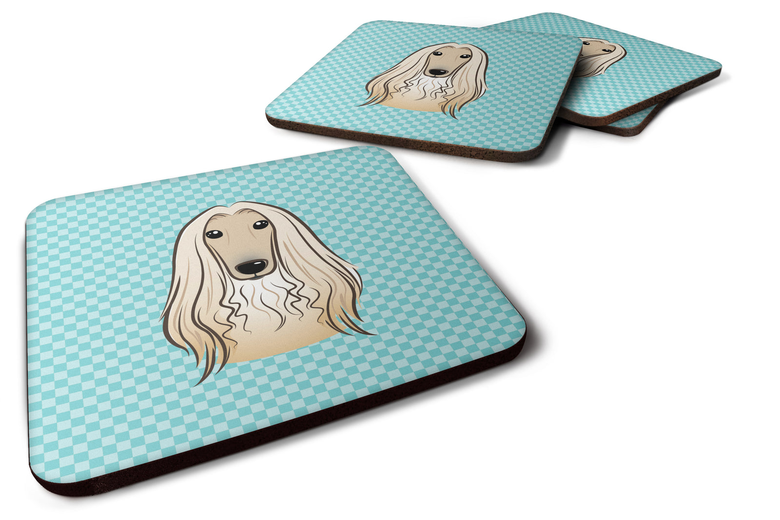 Set of 4 Checkerboard Blue Afghan Hound Foam Coasters BB1182FC - the-store.com