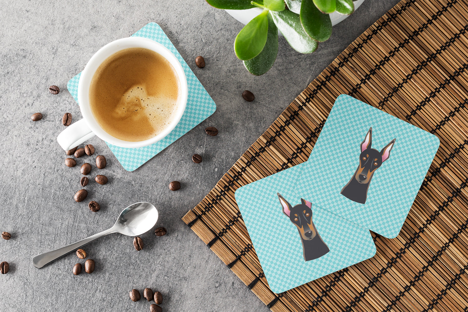 Set of 4 Checkerboard Blue Doberman Foam Coasters BB1183FC - the-store.com